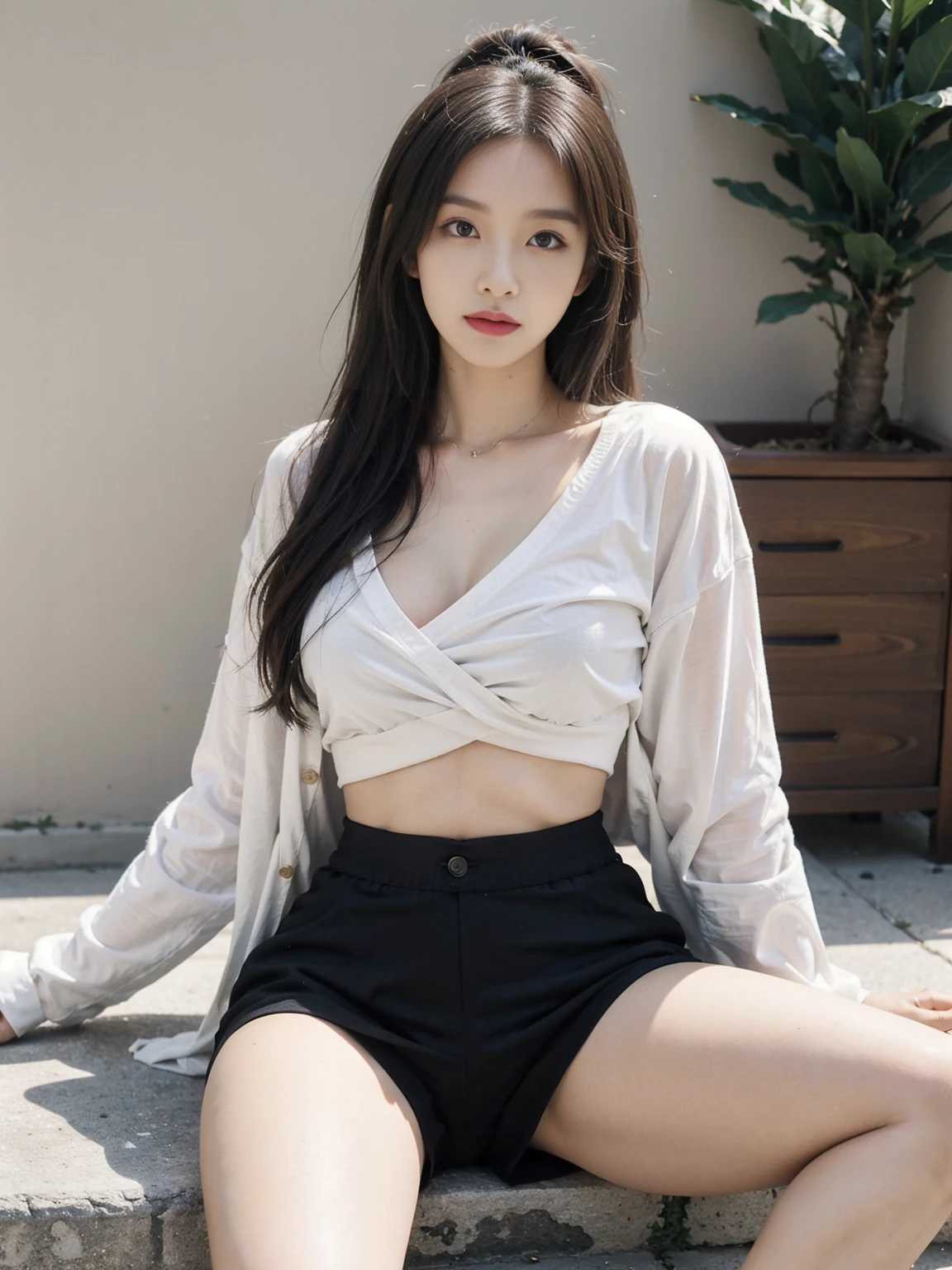 Wear a loose shirt with a deep V neck,Paired with a black A-line skirt,Distract attention from your abdomen。
Choose a mid-length coat with a draped feel,Wear a slim-fitting base shirt and high-waisted shorts,Covers the abdomen and makes the legs look longer。
