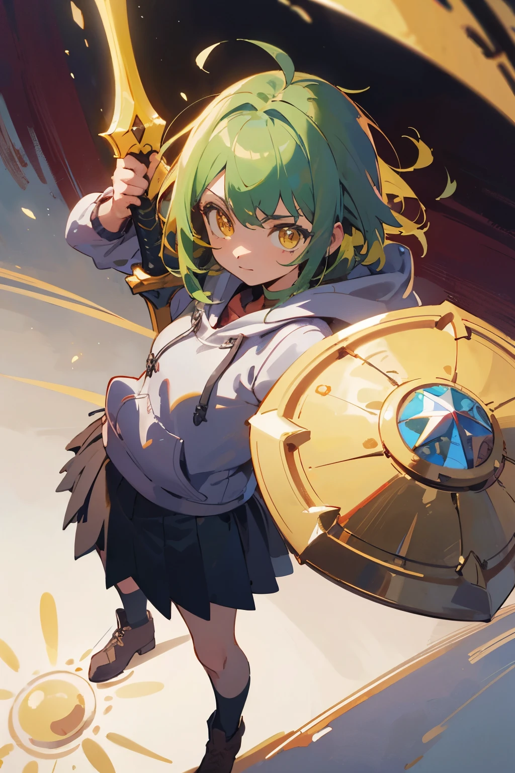 ((highest quality)), ((masterpiece)), ２D Anime Illustration、Yellow-green hair、Medium style hair、Golden Eyes、Wields a great diamond shield、Leather equipment、hoodie、skirt、Girl、Cute face、Never give up、Young face、Hold a shield with both hands、Intelligent