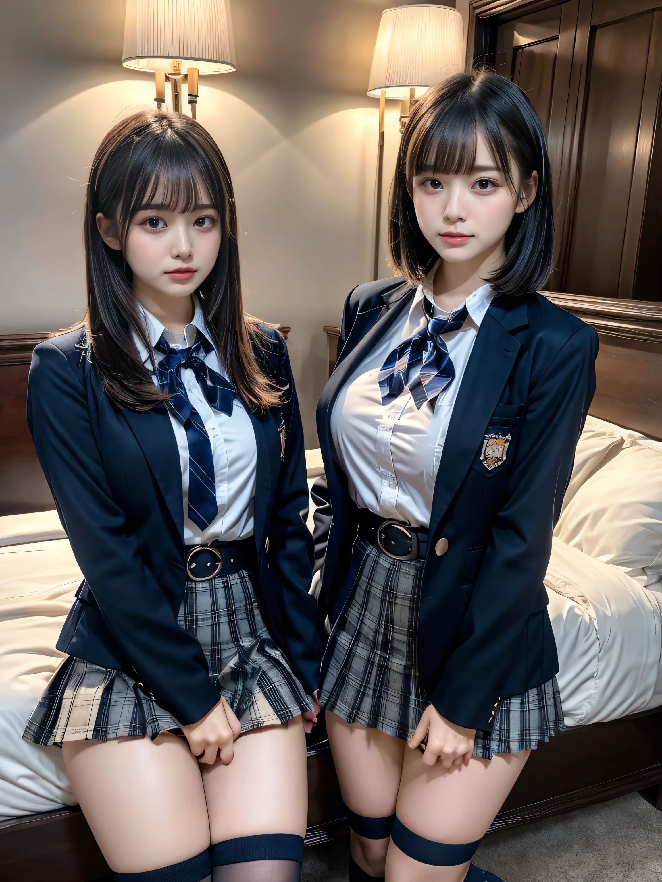 (8K, Raw photography, top-quality, ​masterpiece:1.2), muster piece, best quality, illustration, Super detailed, fine details, High resolution, 8K,wall paper, perfect dynamic composition,(Details High quality, realistic depiction of eyes:1.3), ((2 girls, 2 girls)), The background is a luxury hotel room、High school girl uniform、blazer 、Super Short Check Uniform Skirt、Navy blue high socks、garterbelts、Colossal tits、Disturbed uniform, Play with each other,Touching each other's bodies,Touching the body of the girl next door, short bob hair, black hair color, huge breasts, Big Natural Color Lip, bold sexy pose, (perfect body shape), crying a little、cold gaze, Beautiful makeup,glitter makeup,Cutest 18 years old、 beautiful legs, hposing Gravure Idol, Voluptuous thighs