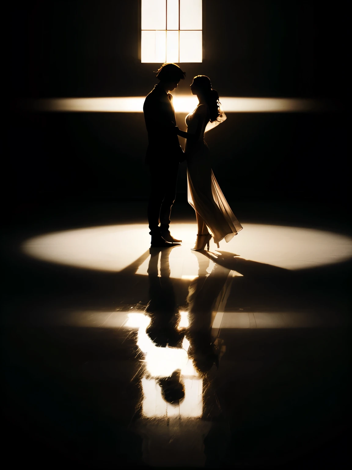 Silhouette drawing of a couple hugging for the first time in an art museum