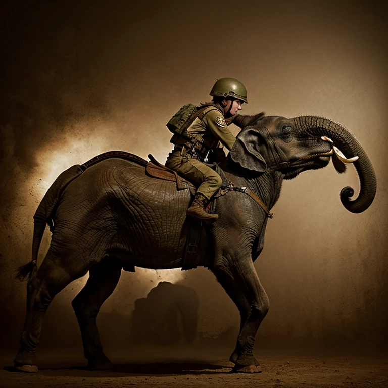 Draw a picture of a soldier riding a war elephant seen from the side. who is posing ready to attack.