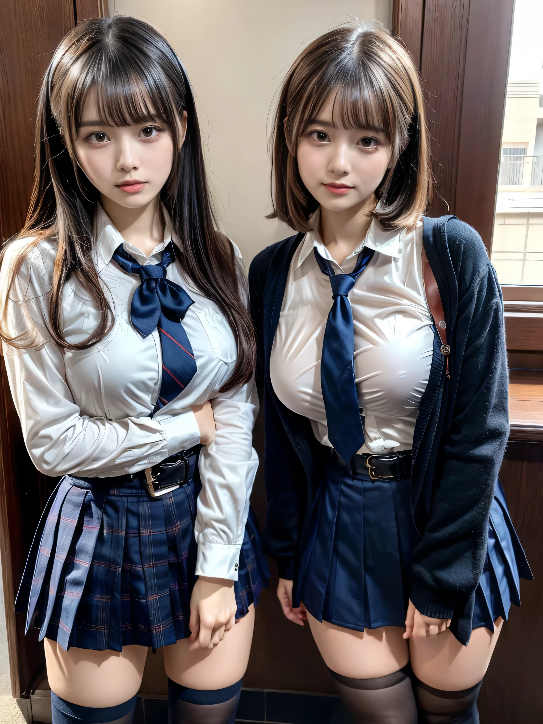 (8K, Raw photography, top-quality, masterpiece:1.2), muster piece, best quality, illustration, Super detailed, fine details, High resolution, 8K,wall paper, perfect dynamic composition,(Details High quality, realistic depiction of eyes:1.3), ((2 girls, 2 schoolgirls)), The background is a luxury hotel room、High school girl uniform、blazer 、Super Short Check Uniform Skirt、Navy blue high socks、garterbelts、Colossal tits、Disturbed uniform, Play with each other,Touching each other's bodies,Touching the body of the girl next door, short bob hair, black hair color, huge breasts, Big Natural Color Lip, bold sexy pose, (perfect body shape), crying a little、cold gaze, Beautiful makeup,glitter makeup,Cutest 18 years old、 beautiful legs, hposing Gravure Idol, Voluptuous thighs