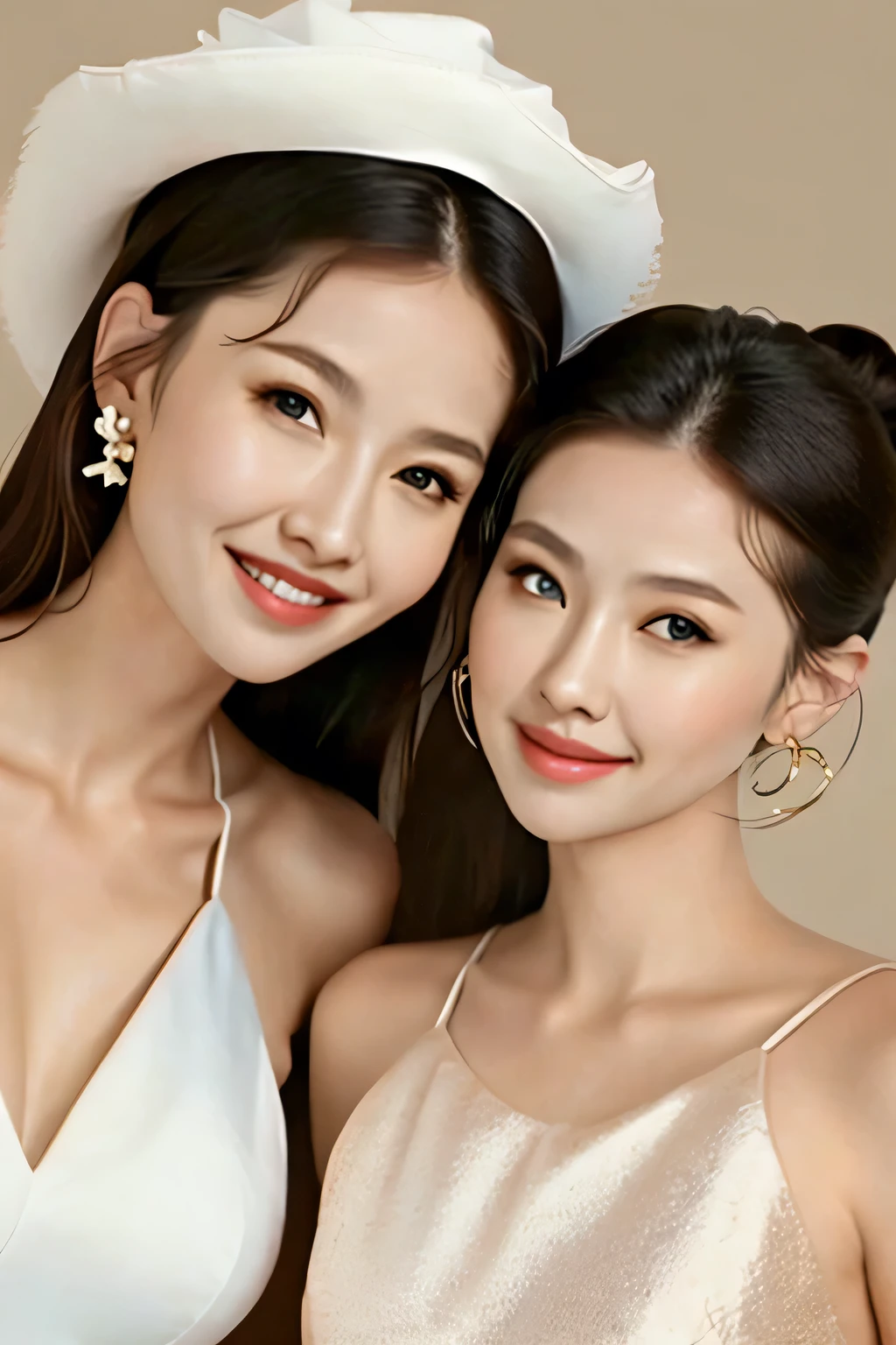 Group photo，fashion model，1 man 1 woman，They are a couple， [[[[close up]]]], [[[[neck]]]], [[[[Shoulder]]]], Perfect eyes, Perfect iris，Perfect lips，Perfect Teeth，Perfect skin，White skin，Soft headlights，High-density imaging，（The face is clear and delicate），best quality，masterpiece，（Soft colors：1.2）