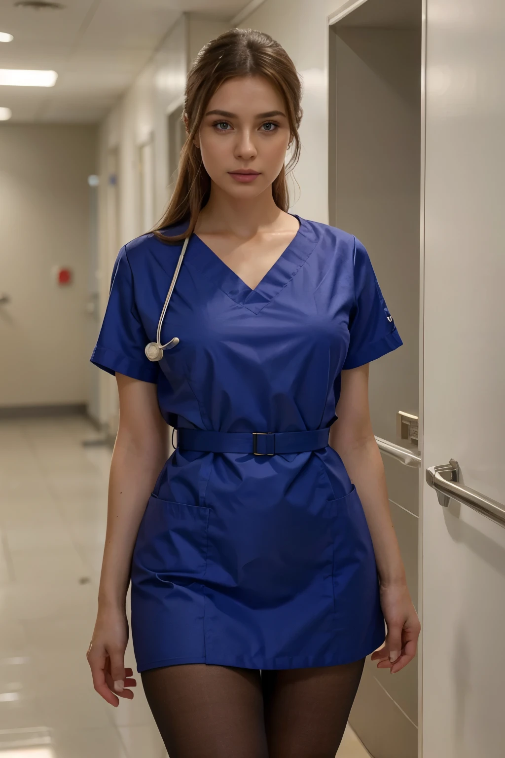 SFW, a beautiful russian nurse standing in a hospital corridor, blurred background, perfect face, plump lips, wearing pantyhose and medical uniform, photorealistic, (best quality,4k,8k,highres,masterpiece:1.2),ultra-detailed,(realistic,photorealistic,photo-realistic:1.37),portrait,warm lighting,detailed skin texture,delicate facial features,elegant expression,medical uniform