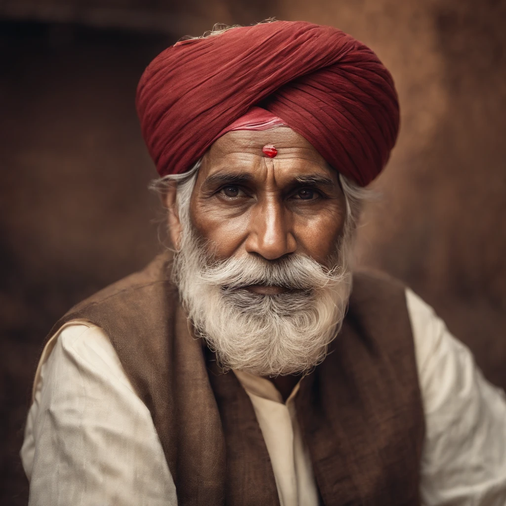 (old indian man:1.1,wearing turban:1.2,white bigger beard:1.1,bigger moustache:1.1,lighting cigar:1.2,in swag,extremely detailed facial hairs,portrait,half body,medium:oil painting,detailed eyes and face,detailed turban,traditional clothing,aged appearance,royal background,studio lighting,vibrant colors,dignified expression) bhasma on forehead, holding sigarete in hand