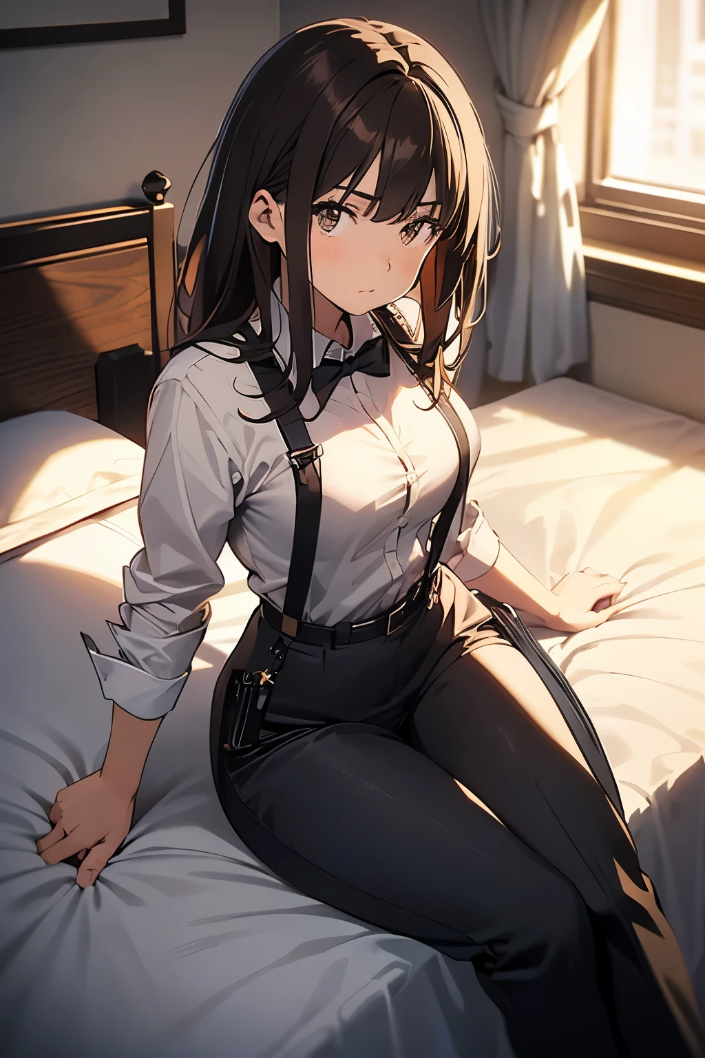 
Brown Hair、Staring at the audience　　　Black suspenders　　　bulging big breasts　　 　 　　　wall: 　Black trousers　　　　　sight　　　Small face　 　　　holster　　　Beautiful woman　　Show your hand　　 Lying in bed　　sight 　　Taunt　side　side汗 　arm　Dress shirt　Black Suit　suit　belt