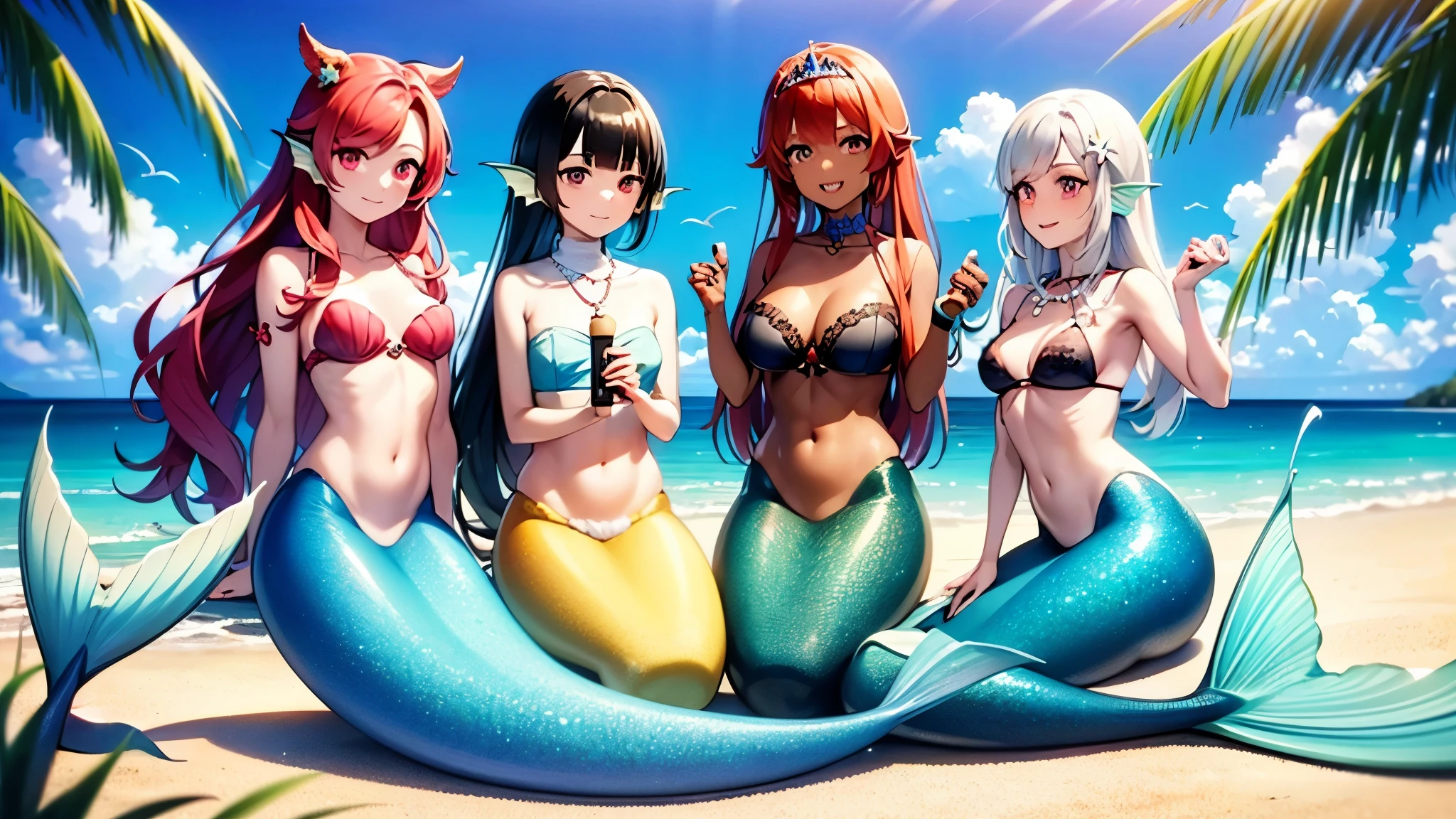 (best quality,4k,8k,highres,masterpiece:1.2),ultra-detailed, Pretty princess magically transformed into a beautiful mermaid, race swap, fantastic transformation, steampunk, long and detailed mermaid tail below waistline, fins ears, shimmering red fish scales, drawn in anime style, very long twintails red hair, sharp teeth, is smiling, pink eyes, small breast, long pelvic and dorsal fins, pair of fish gills on the torso, seashells bra, starfish hair clips, pearl hair ornaments, pearl earrings and bracelets, pearl necklace, hair ribbons, gold tiara, resting on a sandy beach, new beautiful body,she’s smiling,embracing her new life has a mermaid, brushing her hair and holding a small mirror, ocean waves,sparkling water,coconut trees,seagulls,coral reef,vibrant colors,magical glow,shimmering scales,sea breeze,warm sunlight,joyful expression,island paradise,lush tropical plants,dynamic composition,soft and smooth lines,expressive facial features,gentle water reflections,serene atmosphere, Highly detailed, masterpiece, high quality, 4K.
