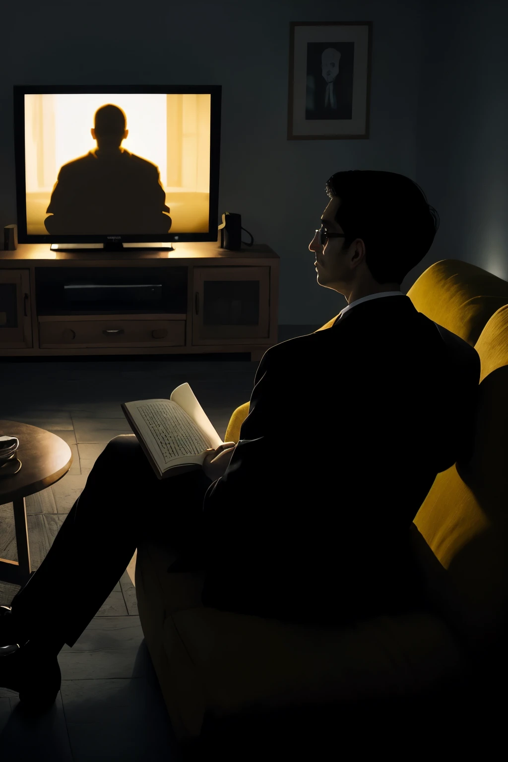 Create a book cover for "Entre o Vivo e o Morto". The scene should depict a dark apartment with the flickering light of a television. A man, Carlos, is sitting on a sofa, half of his image appearing normal and the other half ghostly translucent. In the background, a shadowy figure of the medium, Dr. Salazar, is watching with a mysterious and knowing expression. The color palette should be dark, with shades of gray, black, and deep blues, highlighted by the ochre and yellow light from the TV.