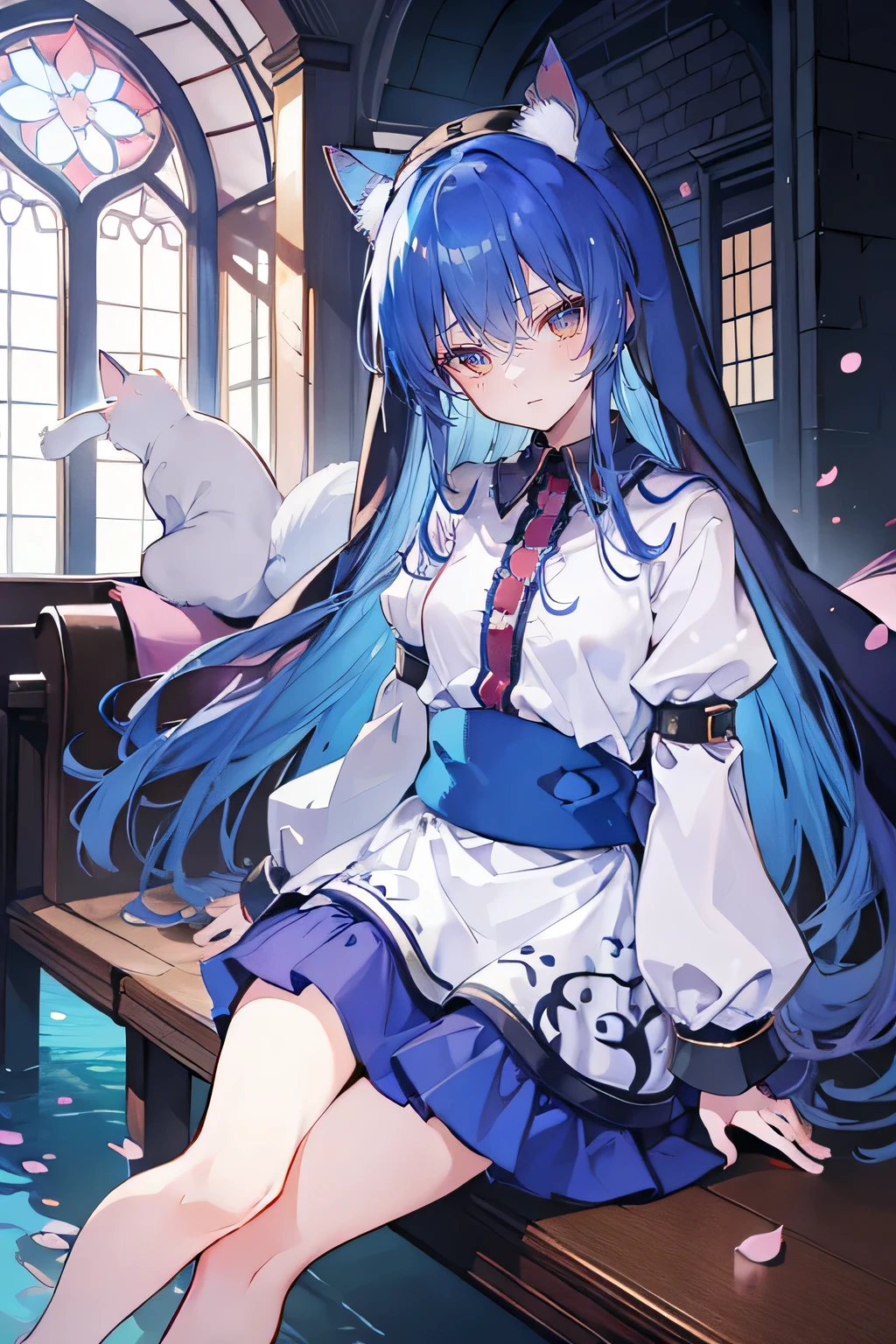 (masterpiece:1.2),Extremely detailed,Practical,expressive eyes,Fair skin,Perfect face shaping,1 Girl,
Japanese cartoons,Gorgeous blue hair, the long flowing blue hair,Floating clothes,Cat ears,Petals fall,beautiful lola,Young Angel,
Place your hands on your waist,sit elegantly on the ground,Cross your legs,Gentle and peaceful background,church,nun.