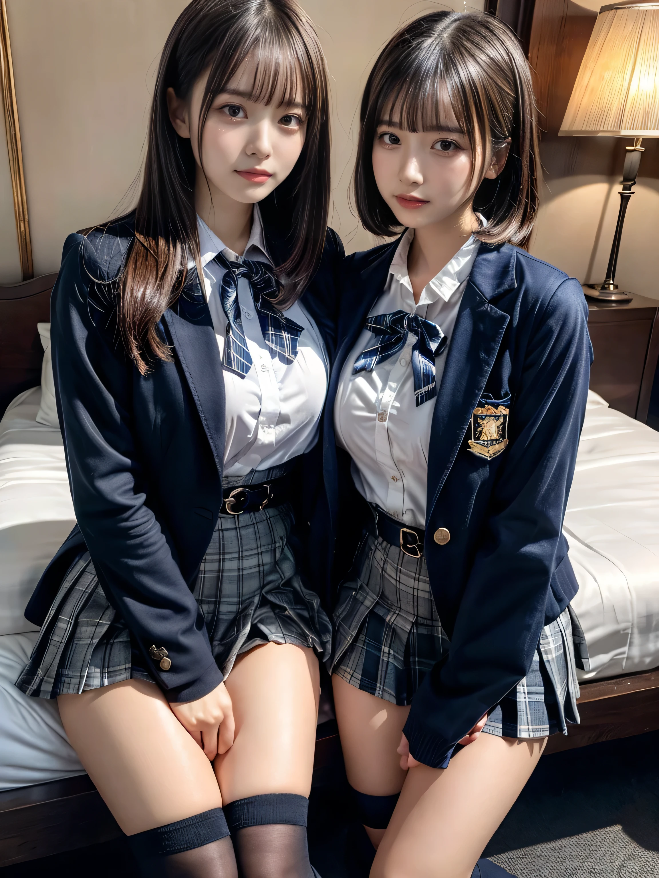 (8K, Raw photography, top-quality, masterpiece:1.2), muster piece, best quality, illustration, Super detailed, fine details, High resolution, 8K,wall paper, perfect dynamic composition,(Details High quality, realistic depiction of eyes:1.3), ((2 girls, 2 schoolgirls)), The background is a luxury hotel room、High school girl uniform、blazer 、Super Short Check Uniform Skirt、Navy blue high socks、garterbelts、Colossal tits、Disturbed uniform, Play with each other,Touching each other's bodies,Touching the body of the girl next door, short bob hair, black hair color, huge breasts, Big Natural Color Lip, bold sexy pose, (perfect body shape), crying a little、cold gaze, Beautiful makeup,glitter makeup,Cutest 18 years old、 beautiful legs, hposing Gravure Idol, Voluptuous thighs