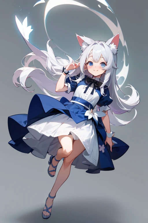 cute、Blue Eyes、Wink、Whiteのワンピース、Wolf Ears(White)、Gray Hair、Full of energy、Her hair is down to her waist and is not tied up.、Long hair、Not tied、Black ribbon attached to the waist、Full body image、Masterpiece、Light grey shoes、Shoes Sandals、The shoes are like high heels with laces that reach down to the knees.、Anime characters、The background is a flower field、cute、smile、Wearing a corolla、Shy、smile、Her cheeks are red and she looks embarrassed
