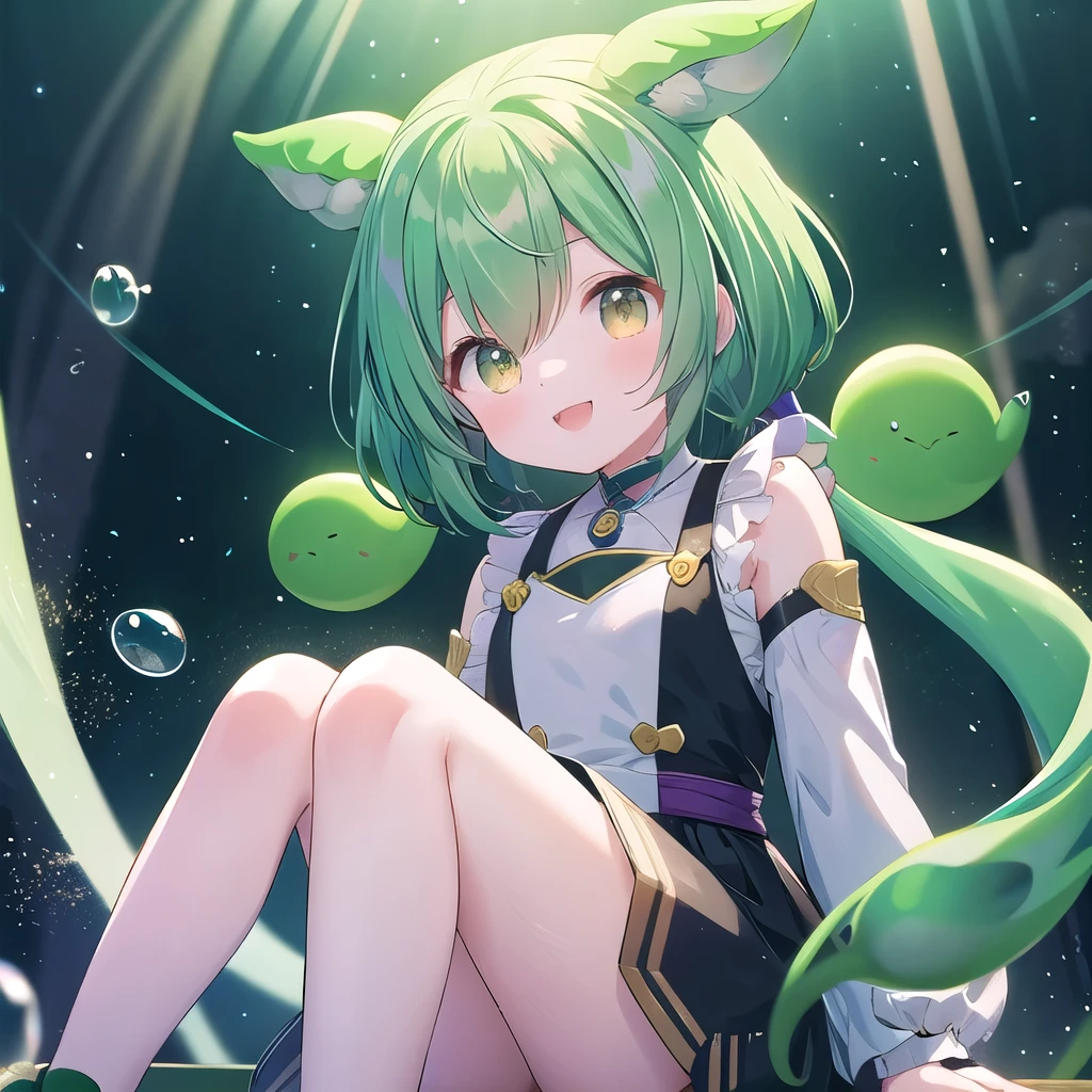 Dark green hair, eyes are yellow,Wavy Hair, Floating Hair, smile, Sitting, Open your mouth, Particles of light, Aqua Eye, Looking at the audience,
