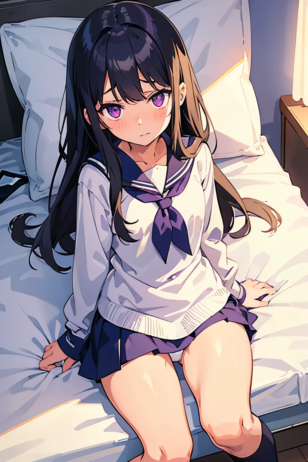 Elementary school girl, , flat chest, black hair, long hair, purple eyes, embarrassed expression (one person) White sailor suit on the upper body, navy blue miniskirt on the lower body, white panties((I can see her panties)) White socks Love hotel room Lying on a big bed Dynamic angle