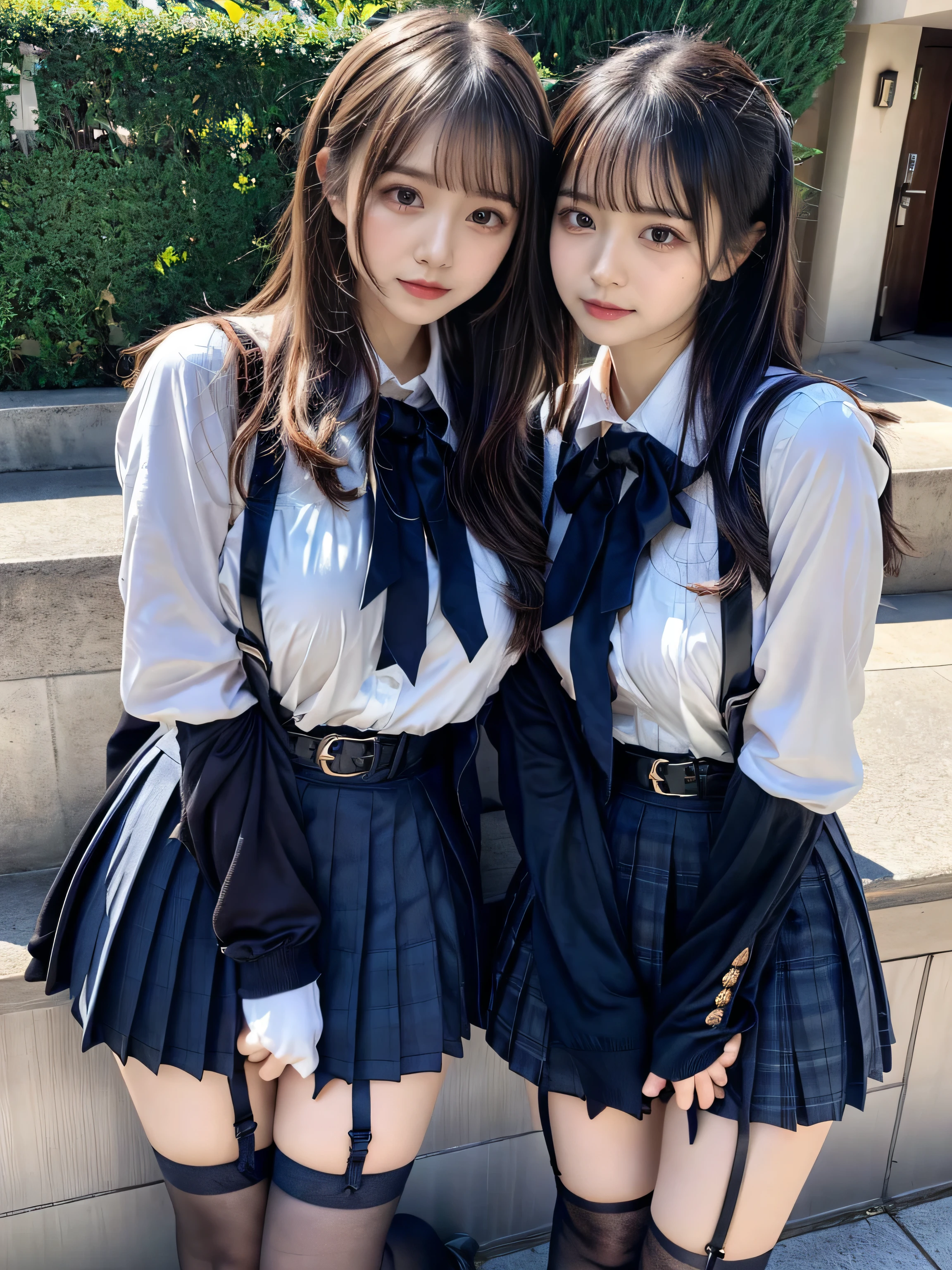 (8K, Raw photography, top-quality, masterpiece:1.2), muster piece, best quality, illustration, Super detailed, fine details, High resolution, 8K,wall paper, perfect dynamic composition,(Details High quality, realistic depiction of eyes:1.3), ((2 girls, 2 schoolgirls)), The background is a luxury hotel room、High school girl uniform、blazer 、Super Short Check Uniform Skirt、Navy blue high socks、garterbelts、Colossal tits、Disturbed uniform, Play with each other,Touching each other's bodies,Touching the body of the girl next door, short bob hair, black hair color, huge breasts, Big Natural Color Lip, bold sexy pose, (perfect body shape), crying a little、cold gaze, Beautiful makeup,glitter makeup,Cutest 18 years old、 beautiful legs, hposing Gravure Idol, Voluptuous thighs