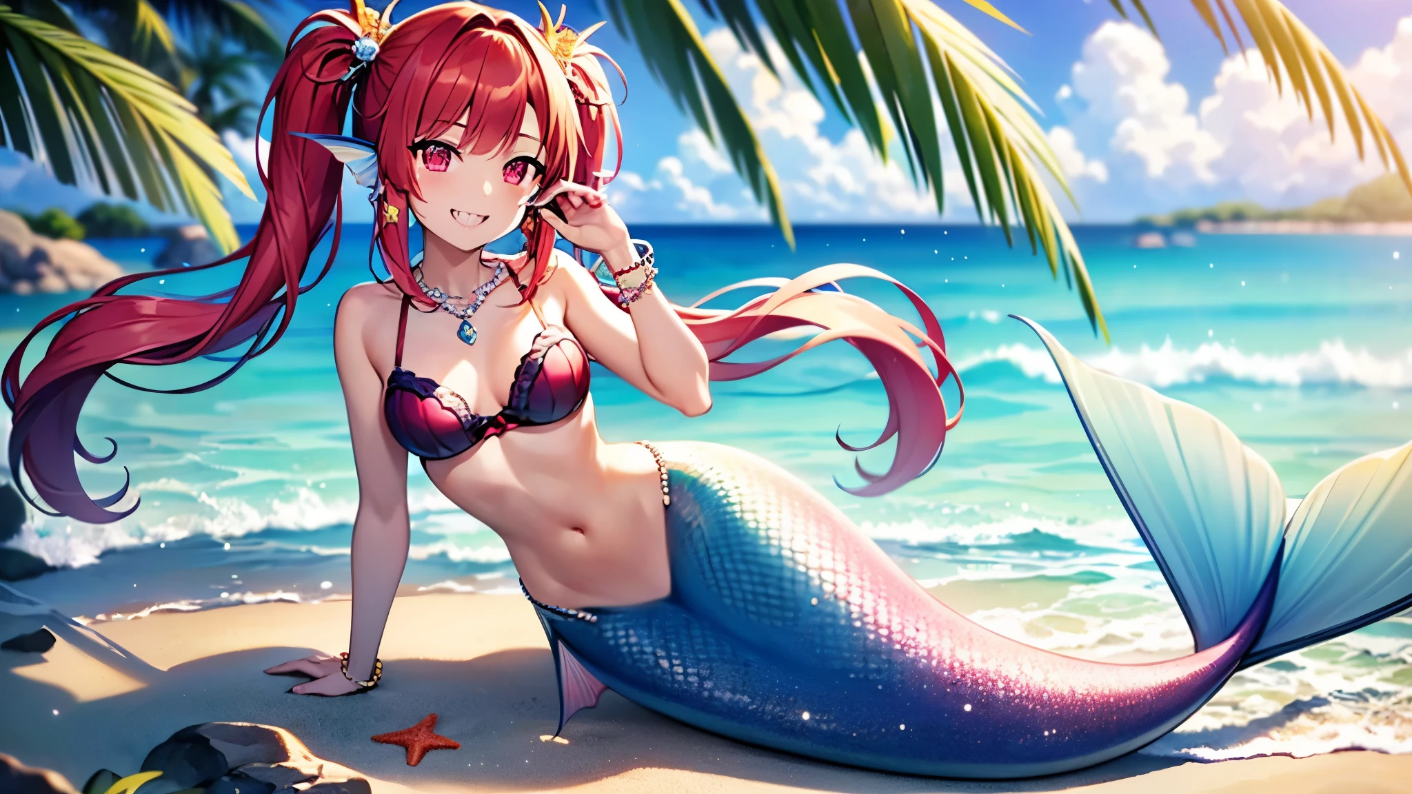 (best quality,4k,8k,highres,masterpiece:1.2),ultra-detailed, Pretty 15 years old princess magically transformed into a beautiful mermaid, race swap, fantastic transformation, steampunk, long and detailed mermaid tail below waistline, fins ears, shimmering red fish scales, drawn in anime style, very long twintails red hair, sharp teeth, is smiling, pink eyes, small breast, long pelvic and dorsal fins, pair of fish gills on the torso, seashells bra, starfish hair clips, pearl hair ornaments, pearl earrings and bracelets, pearl necklace, hair ribbons, gold tiara, resting on a sandy beach, new beautiful body,she’s smiling,embracing her new life has a mermaid, brushing her hair and holding a small mirror, ocean waves,sparkling water,coconut trees,seagulls,coral reef,vibrant colors,magical glow,shimmering scales,sea breeze,warm sunlight,joyful expression,island paradise,lush tropical plants,dynamic composition,soft and smooth lines,expressive facial features,gentle water reflections,serene atmosphere, Highly detailed, masterpiece, high quality, 4K.