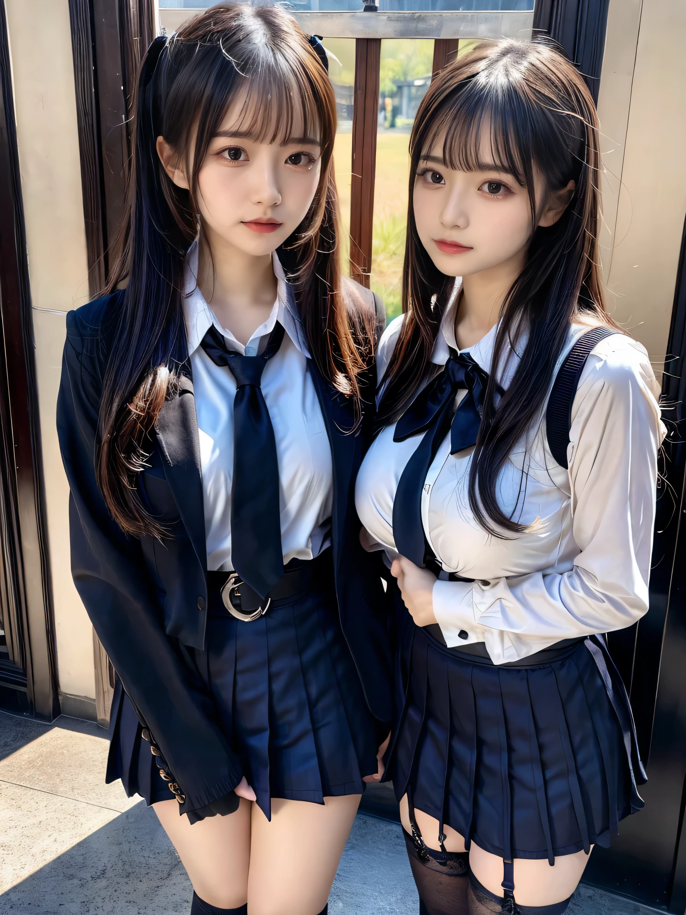 (8K, Raw photography, top-quality, ​masterpiece:1.2), muster piece, best quality, illustration, Super detailed, fine details, High resolution, 8K,wall paper, perfect dynamic composition,(Details High quality, realistic depiction of eyes:1.3), ((2 girls, 2 schoolgirls)), The background is a luxury hotel room、High school girl uniform、blazer 、Super Short Check Uniform Skirt、Navy blue high socks、garterbelts、Colossal tits、Disturbed uniform, Play with each other,Touching each other's bodies,Touching the body of the girl next door, short bob hair, black hair color, huge breasts, Big Natural Color Lip, bold sexy pose, (perfect body shape), crying a little、cold gaze, Beautiful makeup,glitter makeup,Cutest 18 years old、 beautiful legs, hposing Gravure Idol, Voluptuous thighs