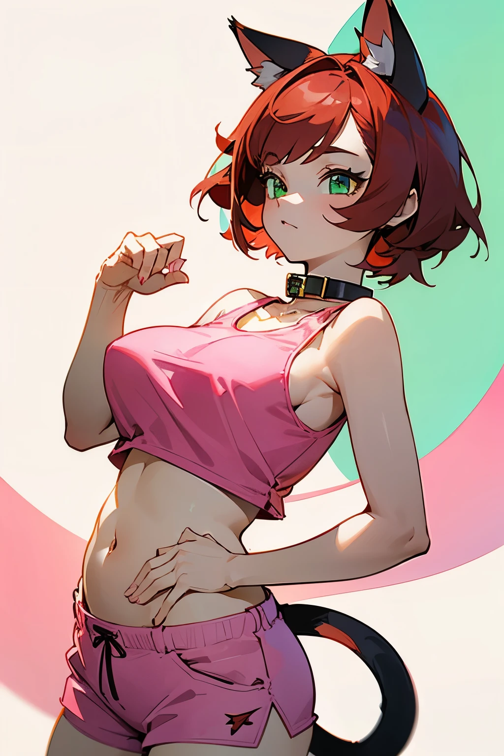 Girl, short red hair, green eyes, cat ears, cat collar, cat tail, Wings, Pink shorts, Round breasts, short white tank top, Exposed belly, big breasts، horns