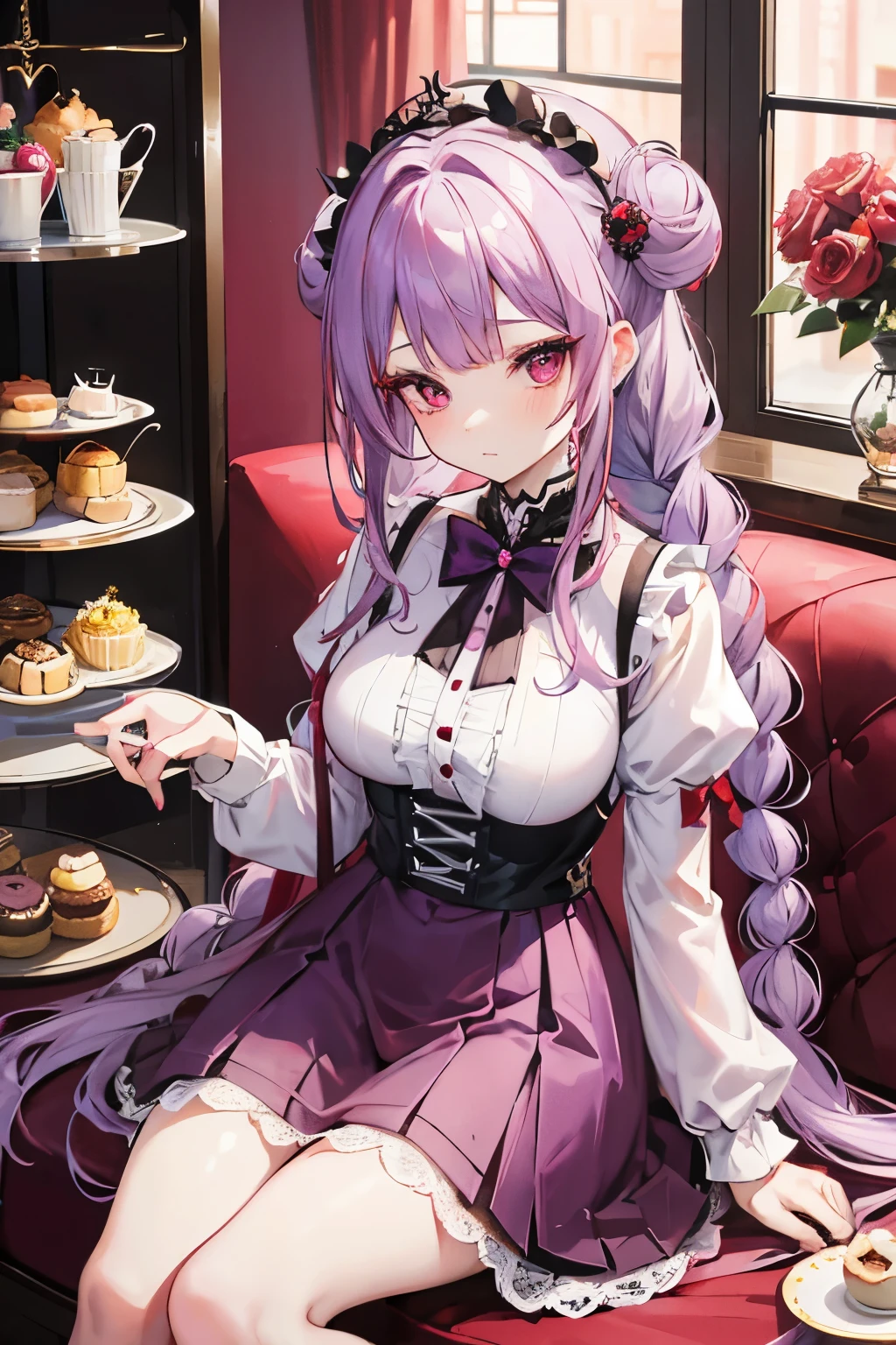 Light purple hair，Two meatball heads，Braid，Girl，Rose red eyes，Lolita，Lace，Black and rose red skirt，Donut，afternoon tea，dessert，草莓Donut，Blueberry Muffins