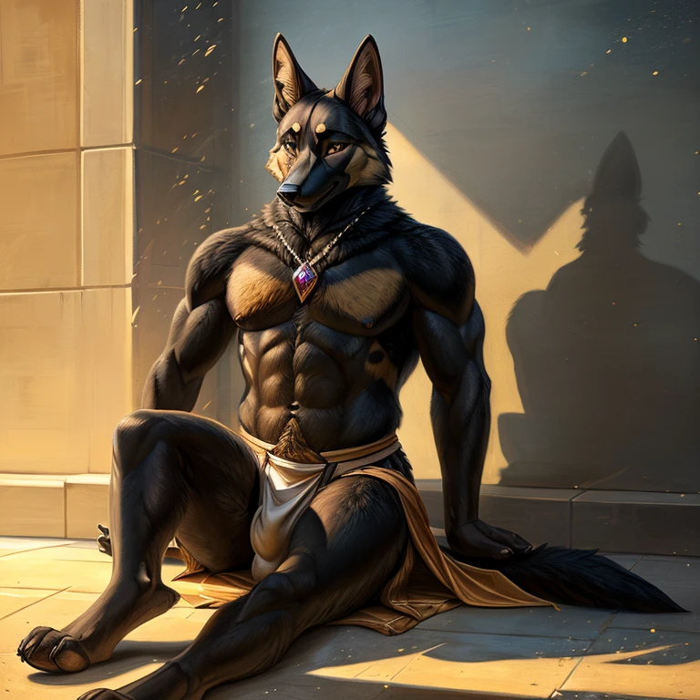 ((anime)), Upload to e621, By Garmash,Luan Jia, dark gem, anthro, male, ((( fine fluffy fur))), ((sitting)), detailed realistic painting, (((bipedal walking))), (((with shadow))) extreme details, ((german shepherd)), loincloth, black body, particles of light,The most erect penis