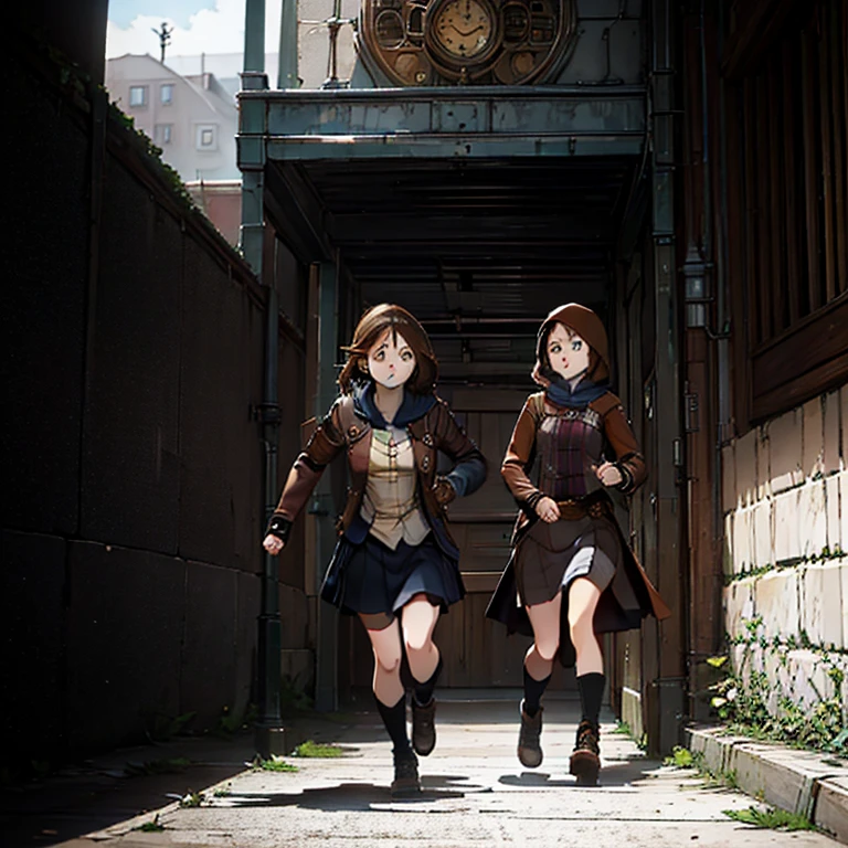 Brown-haired girl, her hair waves as she chases another girl covered in a hood that covers her face. Both girls run into a dark Steampunk style alley, the day's sun reflects behind their backs as they run