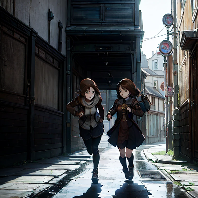 Brown-haired girl, her hair waves as she chases another girl covered in a hood that covers her face. Both girls run into a dark Steampunk style alley, the day's sun reflects behind their backs as they run