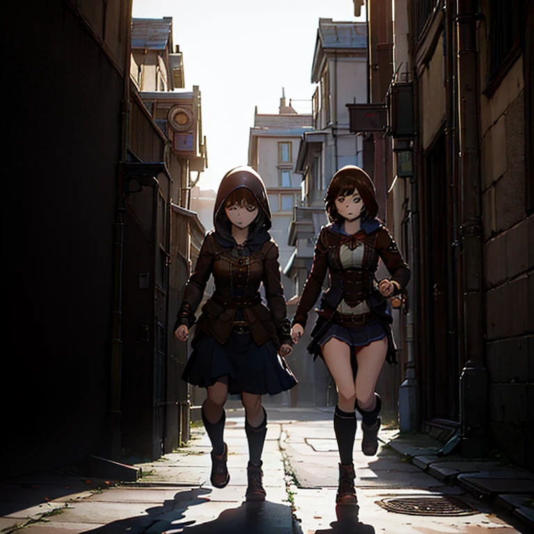 Brown-haired girl, her hair waves as she chases another girl covered in a hood that covers her face. Both girls run into a dark Steampunk style alley, the day's sun reflects behind their backs as they run