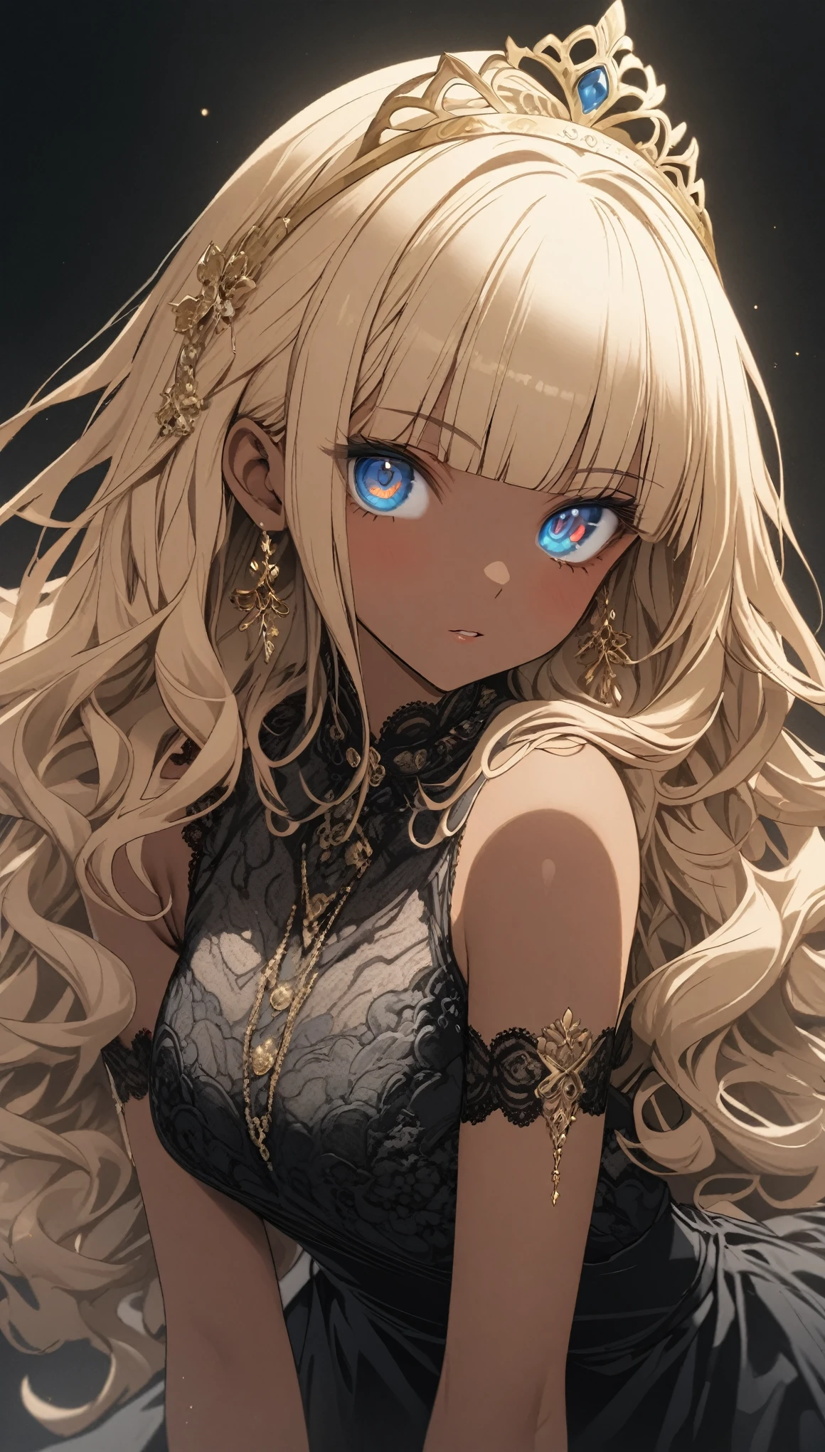 masterpiece, best quality, extremely detailed, high resolution, Japanese anime,1girl, (dark skin:1.2), gold hair, (short length hair:1.4), (blunt bangs:1.3), curly hair, wavy hair, drill hair, (eye lashes:1.3), (eye shadow:1.3), (blue eyes:1.5), (beautiful detailed eyes:1.4), eyes half-closed, 130cm tall, original character, fantasy, (black background:1.2), beautiful fingers, standing, (lace frill dress:1.5), (tiara:1.5) , shoot from front, looking at viewer