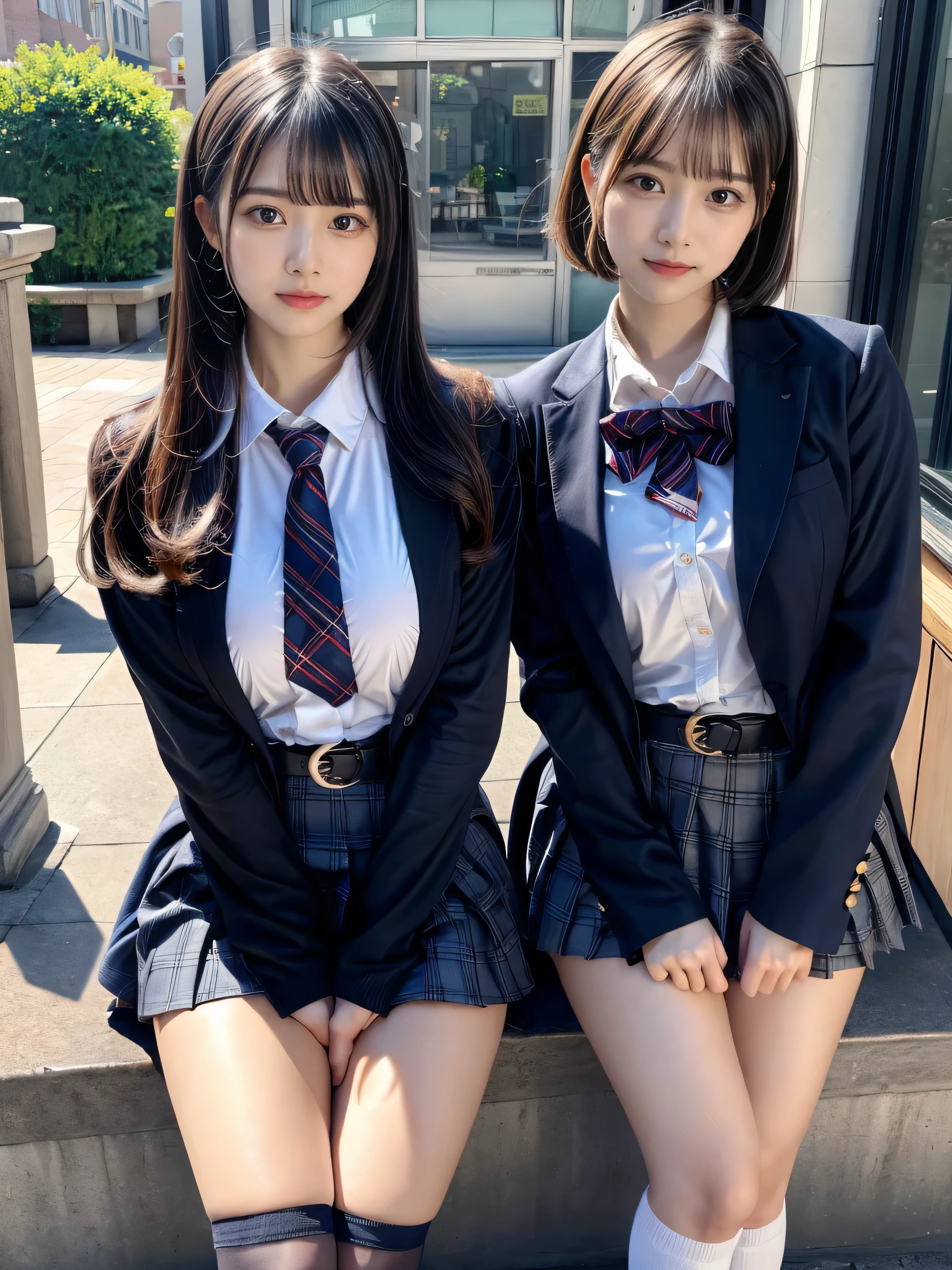 (8K, Raw photography, top-quality, masterpiece:1.2), muster piece, best quality, illustration, Super detailed, fine details, High resolution, 8K,wall paper, perfect dynamic composition,(Details High quality, realistic depiction of eyes:1.3), ((2 girls, 2 girls)), The background is a luxury hotel room、High school girl uniform、blazer 、Super Short Check Uniform Skirt、Navy blue high socks、garterbelts、Colossal tits、Disturbed uniform, Play with each other,Touching each other's bodies,Touching the body of the girl next door, short bob hair, black hair color, huge breasts, Big Natural Color Lip, bold sexy pose, (perfect body shape), crying a little、cold gaze, Beautiful makeup,glitter makeup,Cutest 18 years old、 beautiful legs, hposing Gravure Idol, Voluptuous thighs
