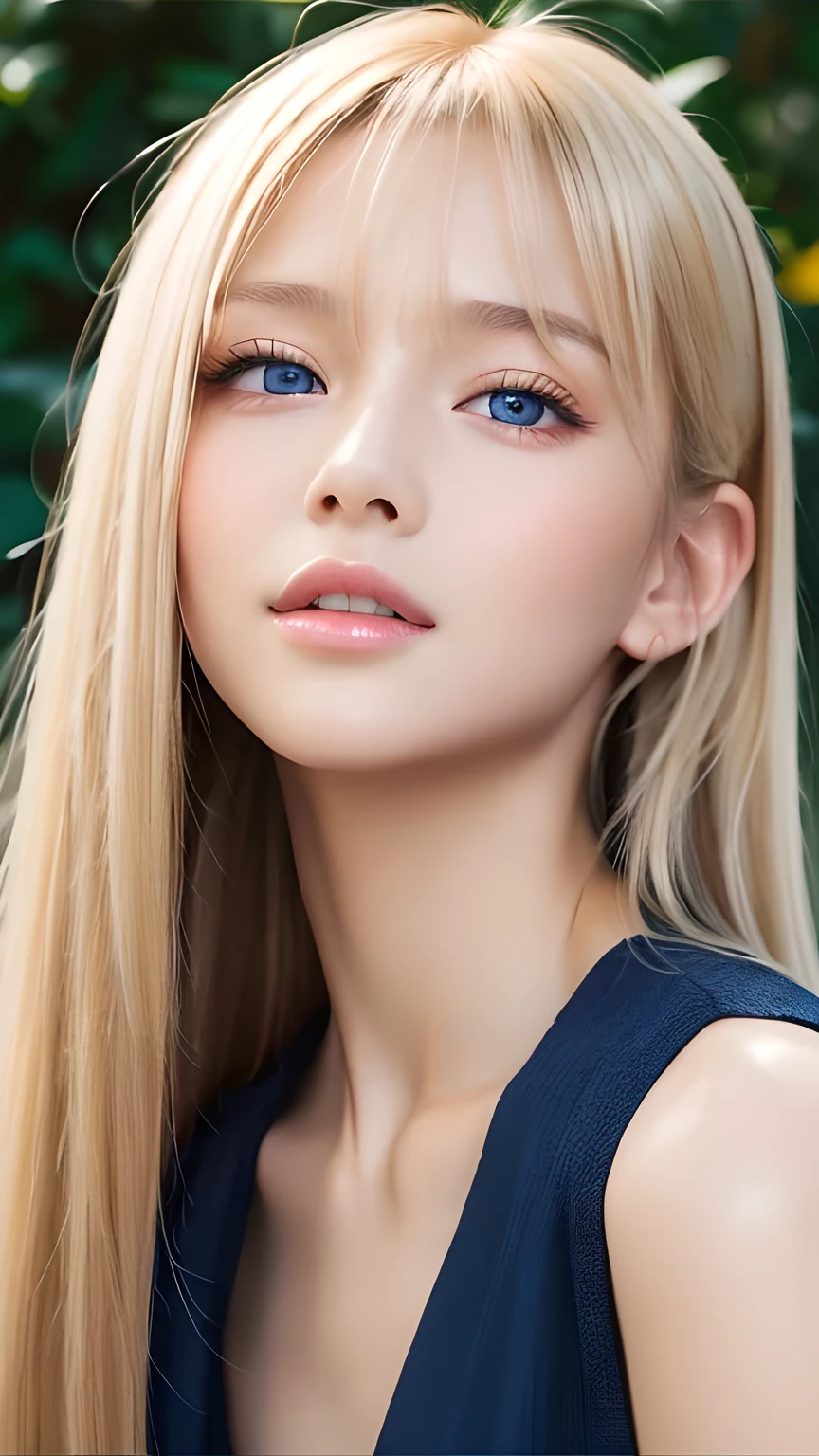Portrait、、Bright expression、ponytail、Young shiny glossy white glossy skin、Great looks、Blonde reflection、Bangs between the eyes、bangs on the face、Platinum blonde hair with dazzling highlights、Shiny bright hair,、Smooth, super long, straight hair、Shiny beautiful bangs、Sparkling, crystal clear, attractive big blue eyes、Very beautiful, lovely and cute 16 year old girl、Ample Bust