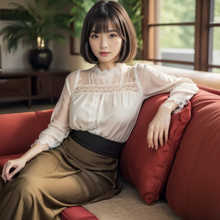 (Sensual look:1.9), ((Full Body Shot:1.9 highest quality)), (from below:1.0), (panorama:1.8), Cinema Lighting, (RAW Photos, highest quality), ( Realistic:1.4), realism, masterpiece, Very delicate and beautiful, Very detailed, 4K wallpaper, wonderful, finely, Very detailed CG unity 8k wallpaper, Very detailed, High resolution, Soft Light, Japanese, (one shot:1.9), (26 years old:1.6), Beautiful detailed woman,Famous Japanese actresses, ((Round face:1.2)), (Fat:0.8), Detailed face,Very detailed eyes and face, finelyて美しい目, (Straight Bob Hair:1.4), Shiny Hair, Brown Hair, (bangs:1.4), (Smiling:0.8), Natural Makeup, (Small breasts:0.8), Beautiful detailed girl, Very detailedな目と顔, Beautifully detailed nose, finelyて美しい目, Long, slender legs, (Lace blouse:1.4), (Long skirt:1.3), (Relaxing on the sofa in the living room:1.4), (Wearing a wedding ring:1.2),
