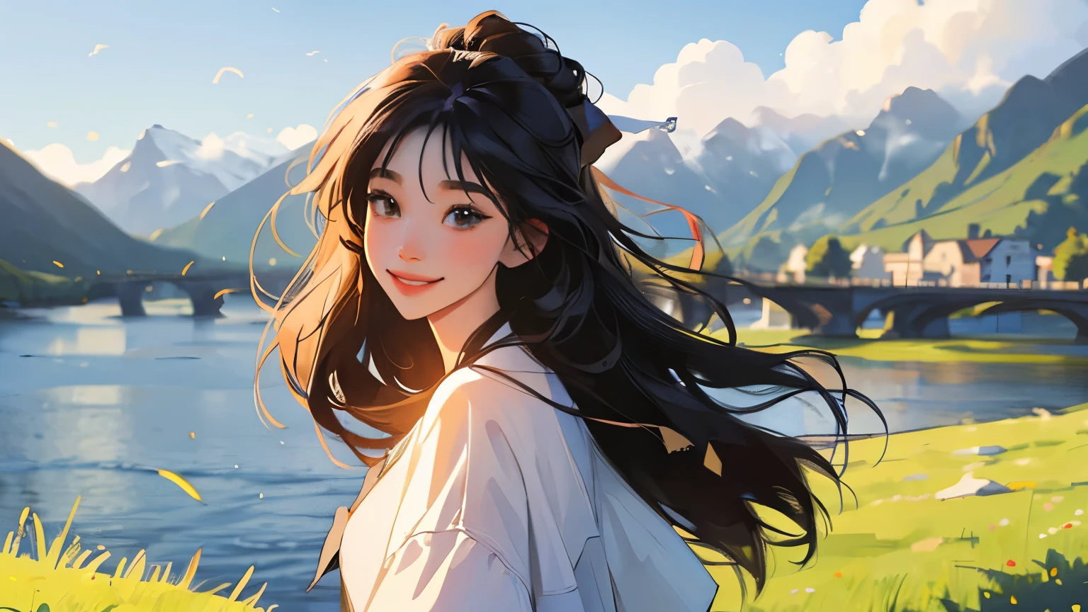 (masterpiece)),(((bestquality))),((ultra-detailed)) realisticlying, 1 girl, Beautiful, black shost hair, not windy, smile, morning, outdoor, village, river, montain,(Blur background 10%)