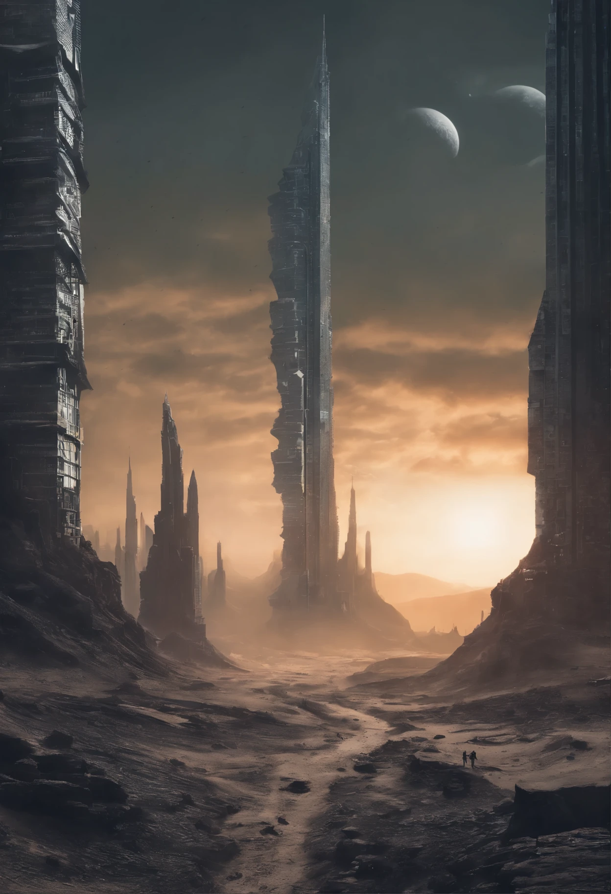 image of the top view of a winding bridge between a tall tower in the center of a post-apocalyptic North American canyon and another building, vision of the entire dark desert, there is a reinforced concrete walkway connecting two buildings on the horizon, tem muitos cabos de energia pendurados na ponte, fios de alta tensao caindo da ponte, o deserto tem canyons no horizonte, tall buildings on the horizon and everywhere, has smoky structures, carros abandonados nas ruas, desert megalopolis, tall buildings and collapsing to the ground, many destroyed buildings around, sol da tarde, gray and dark sky, visible sun setting, dark night in the sky, 2 planets visible in the bluish-gray atmosphere, TEM UMA GAROTA VESTIDA COM CAPUZ ANDANDO NA RUA, as realistic as possible, As detailed as possible, as realistic as possible, ultra realismo