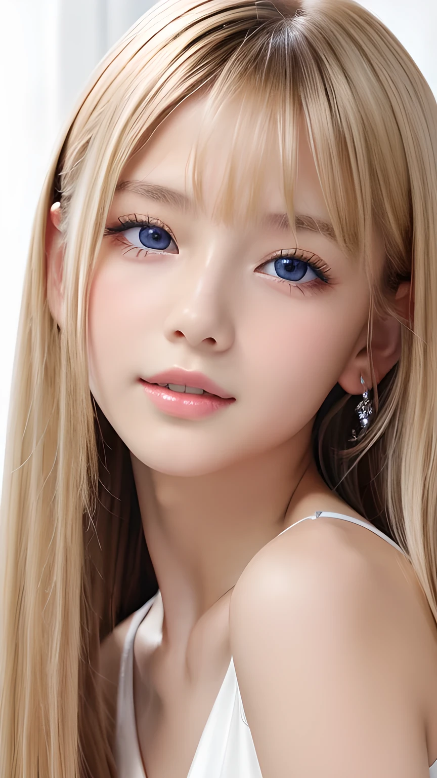 Portrait、、Bright expression、ponytail、Young shiny glossy white glossy skin、Great looks、Blonde reflection、Bangs between the eyes、bangs on the face、Platinum blonde hair with dazzling highlights、Shiny bright hair,、Smooth, super long, straight hair、Shiny beautiful bangs、Sparkling, crystal clear, attractive big blue eyes、Very beautiful, lovely and cute 16 year old girl、Ample Bust