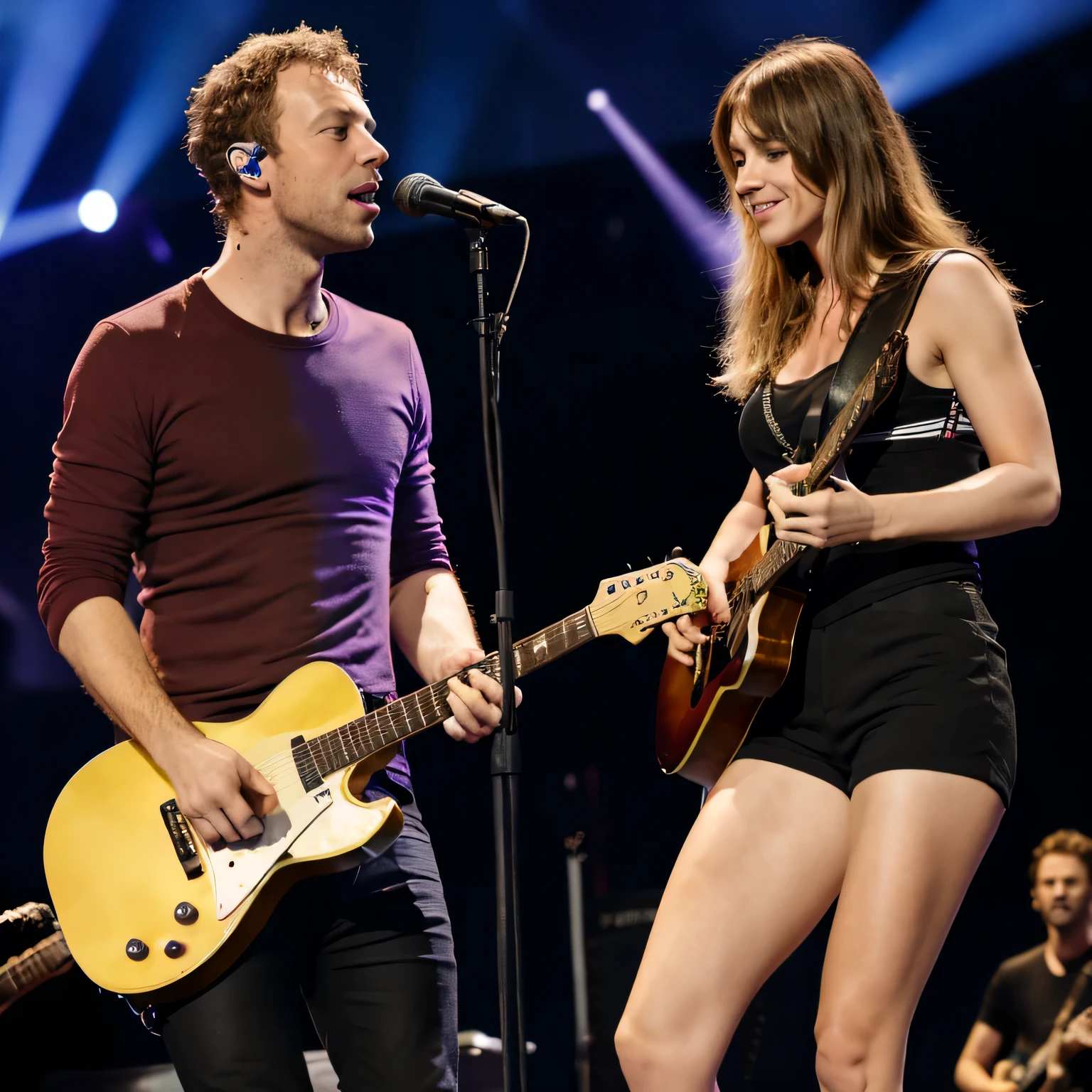 Chris Martin, Coldplay, on stage with two Beautiful women guitarist. Huge breast, concert