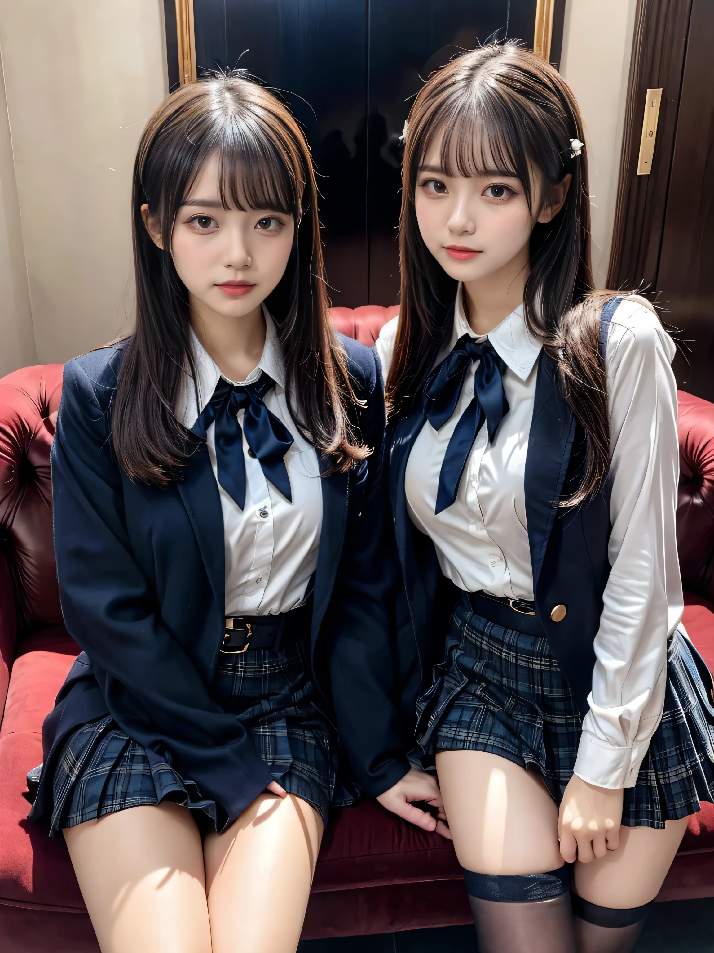 (8K, Raw photography, top-quality, ​masterpiece:1.2), muster piece, best quality, illustration, Super detailed, fine details, High resolution, 8K,wall paper, perfect dynamic composition,(Details High quality, realistic depiction of eyes:1.3), ((2 girls, 2 girls)), The background is a luxury hotel room、High school girl uniform、blazer 、Super Short Check Uniform Skirt、Navy blue high socks、garterbelts、Colossal tits、Disturbed uniform, Play with each other,Touching each other's bodies,Touching the body of the girl next door, short bob hair, black hair color, huge breasts, Big Natural Color Lip, bold sexy pose, (perfect body shape), crying a little、cold gaze, Beautiful makeup,glitter makeup,Cutest 18 years old、 beautiful legs, hposing Gravure Idol, Voluptuous thighs