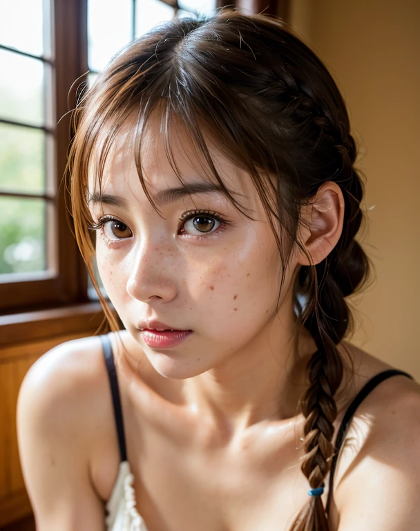 highest quality, Soft Light, Ultra-high resolution, (Realistic:1.4), RAW Photos,
1 Japanese girl, alone, cute, (pupil, light in your eyes), Beautiful face in every detail, (),(High resolution detail of human skin texture),
(Braided)、On all fours、Put your chest close、
indoor,freckles、camisole、High angle、