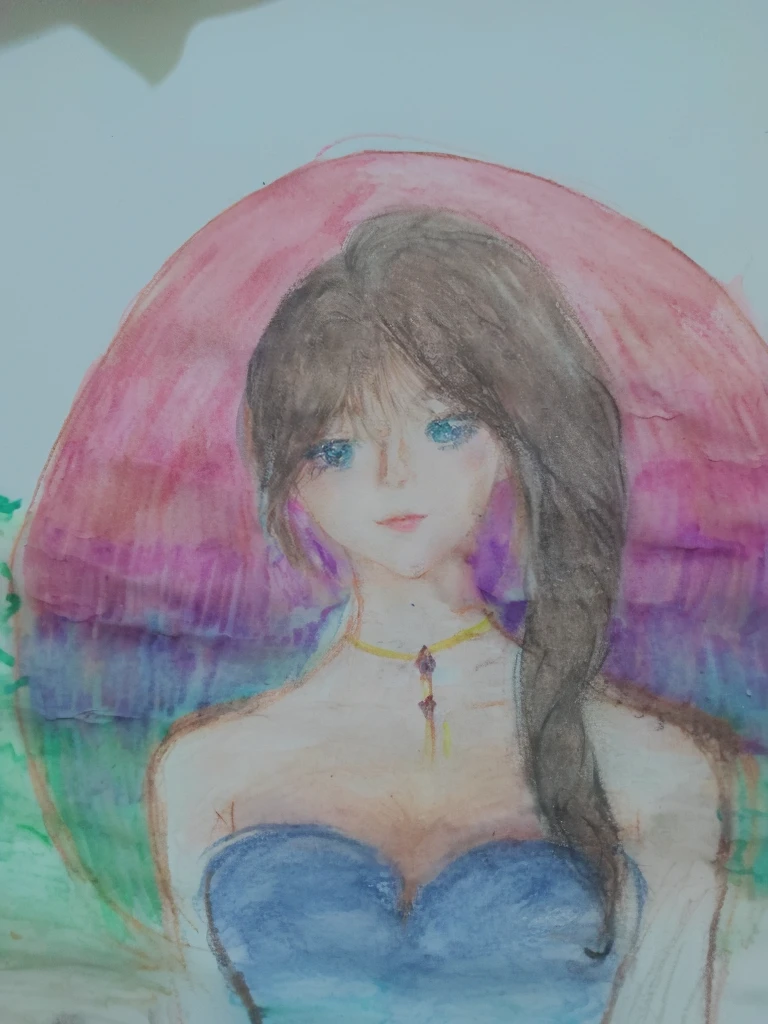 a drawing of a woman with a blue dress and a purple umbrella, fantasy water color, watercolor colored painting, painted in bright water colors, fantasy watercolor, portrait of an anime girl, portrait painting of a princess, portrait of anime woman, colored drawing, portrait of anime girl, water color on paper, vintage 7 0 s anime watercolor, watercolored, portrait of princess