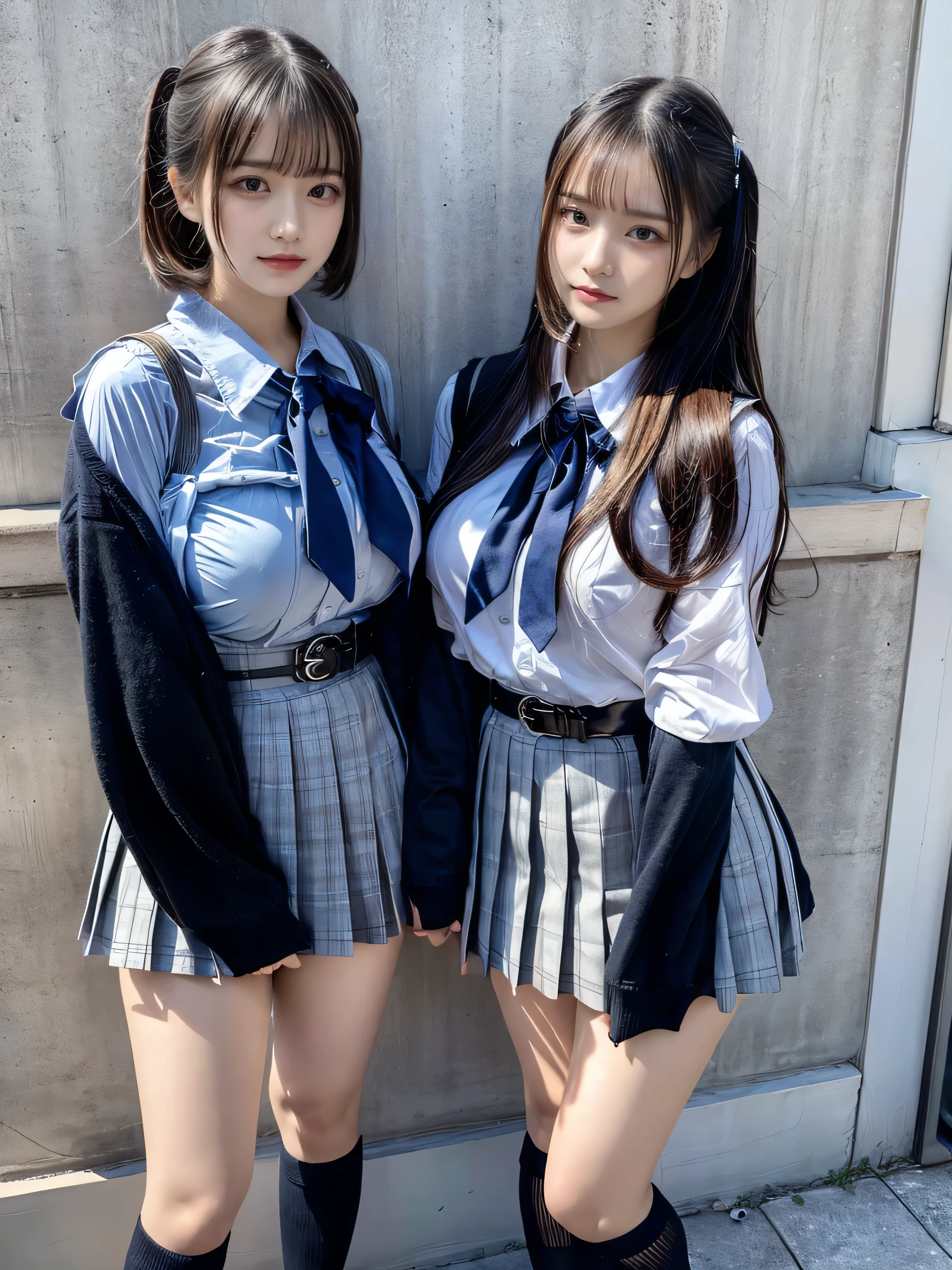 masterpiece, best quality, illustration, Super detailed, fine details, High resolution, 8K,wall paper, perfect dynamic composition,(Details High quality, realistic depiction of eyes:1.3), (2 girls, 2 schoolgirls:1.2), from side, High School Classroom、High school girl uniform、blazer 、Super Short Check Uniform Skirt、Navy blue high socks、garterbelts、Colossal tits、Disturbed uniform, short bob hair, black hair color, huge breasts, Big Natural Color Lip, bold sexy pose, (perfect body shape), crying a little、 Harajuku style、20 year old girl、 beautiful legs, hposing Gravure Idol, Voluptuous thighs
