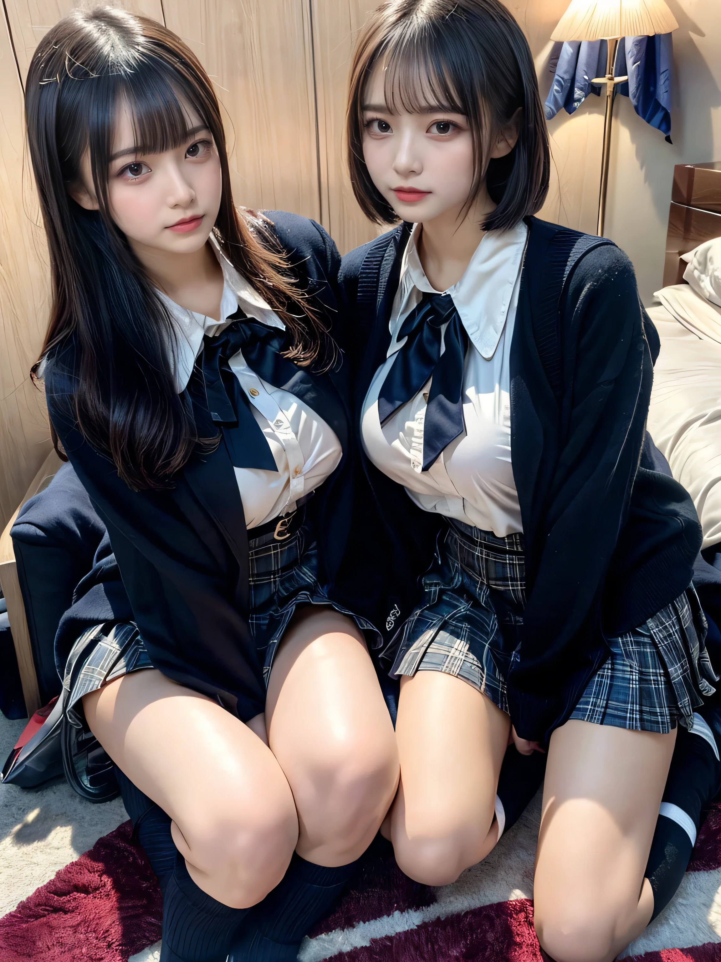 (8K, Raw photography, top-quality, masterpiece:1.2), muster piece, best quality, illustration, Super detailed, fine details, High resolution, 8K,wall paper, perfect dynamic composition,(Details High quality, realistic depiction of eyes:1.3), ((2 girls, 2 schoolgirls)), The background is a luxury hotel room、High school girl uniform、blazer 、Super Short Check Uniform Skirt、Navy blue high socks、garterbelts、Colossal tits、Disturbed uniform, Play with each other,Touching each other's bodies,Touching the body of the girl next door, short bob hair, black hair color, huge breasts, Big Natural Color Lip, bold sexy pose, (perfect body shape), crying a little、cold gaze, Beautiful makeup,glitter makeup,Cutest 18 years old、 beautiful legs, hposing Gravure Idol, Voluptuous thighs