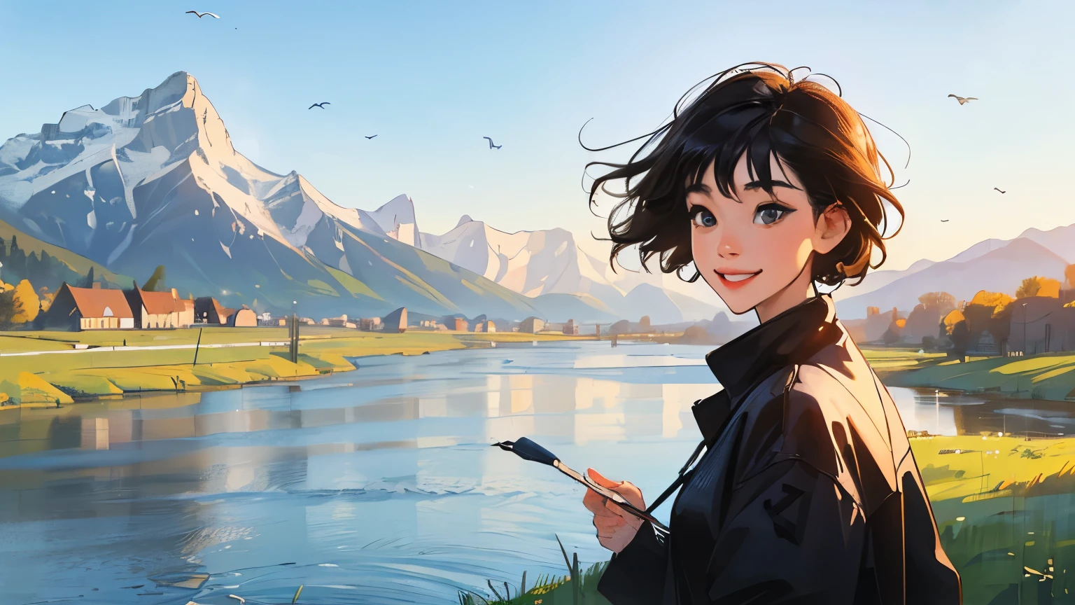 (masterpiece)),(((bestquality))),((ultra-detailed)) realisticlying, 1 girl, Beautiful, black short hair, not windy, smile, morning, outdoor, village, river, montain
