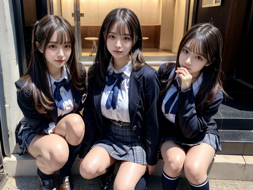 (8K, Raw photography, top-quality, masterpiece:1.2), master piece, best quality, illustration, Super detailed, fine details, High resolution, 8K,wall paper, perfect dynamic composition,(Details High quality, realistic depiction of eyes:1.3), ((2 girls, 2 schoolgirls)), The background is a luxury hotel room、High school girl uniform、blazer 、Super Short Check Uniform Skirt、Navy blue high socks、garterbelts、Colossal tits、Disturbed uniform, Play with each other,Touching each other's bodies,Touching the body of the girl next door, short bob hair, black hair color, huge breasts, Big Natural Color Lip, bold sexy pose, (perfect body shape), crying a little、cold gaze, Beautiful makeup,glitter makeup,Cutest 18 years old, beautiful legs, hposing Gravure Idol, Voluptuous thighs