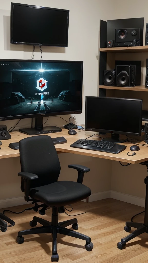 Create a high-resolution vertical background image of a modern and professional gaming/YouTube studio setup designed for a YouTube video. The studio should feature elements like RGB lighting, gaming posters, dual monitors, a high-end gaming chair, and gaming accessories. Ensure the perspective and angle are such that it appears directly behind a person sitting and talking to the camera, with the background aligning vertically. The setup should be vibrant, engaging, and appealing, suitable for a gaming or tech-focused YouTube channel.