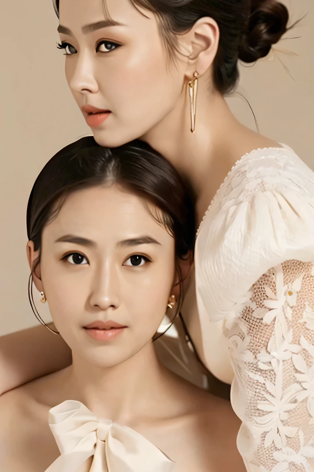 Group photo，fashion model，1 man 1 woman，They are a couple， [[[[close up]]]], [[[[neck]]]], [[[[Shoulder]]]], Perfect eyes, Perfect iris，Perfect lips，Perfect skin，White skin，((Serious expression))，Soft headlight，High-density imaging，（Face is clear and delicate），best quality，masterpiece，（Soft colors：1.2）