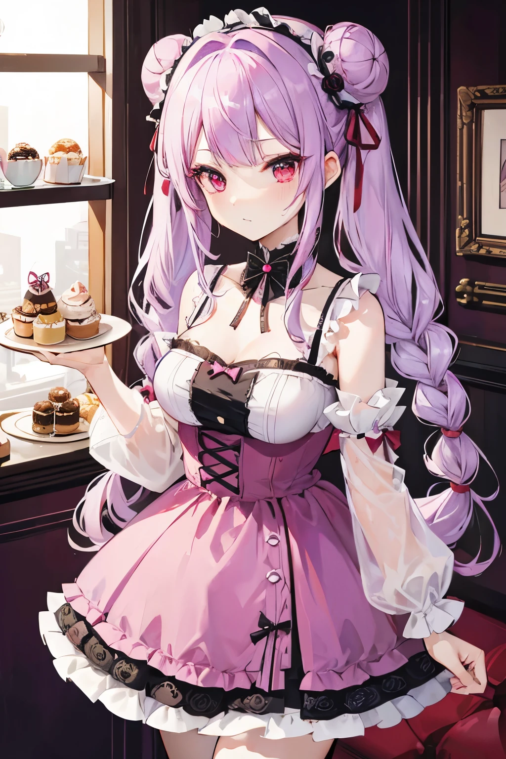 Light purple hair,Two meatball heads,Two buns hair,Braid,Girl,Rose red eyes,Lolita,Lace,Black and rose red skirt,Donut,afternoon tea,dessert,草莓Donut,Blueberry Muffins
