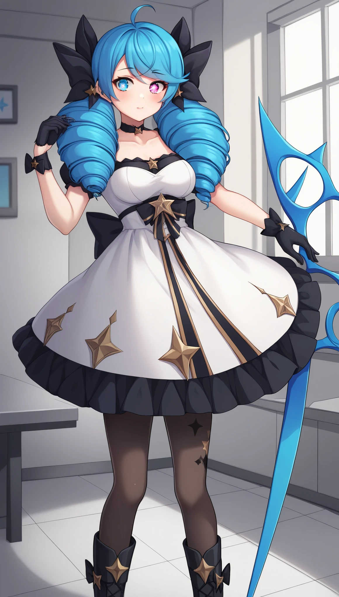 GwenLoLXL, blue eye, heterochromia, star-shaped pupil, blue hair, drill hair, hair bow, black bow, trwin drills, twintails, long hair, bangs, ahoge, medium breasts, puffy short sleeves, white dress, black gloves, pantyhose, black boots, scissors, holding scissors, oversized object, solo, standing, looking at viewer, indoors