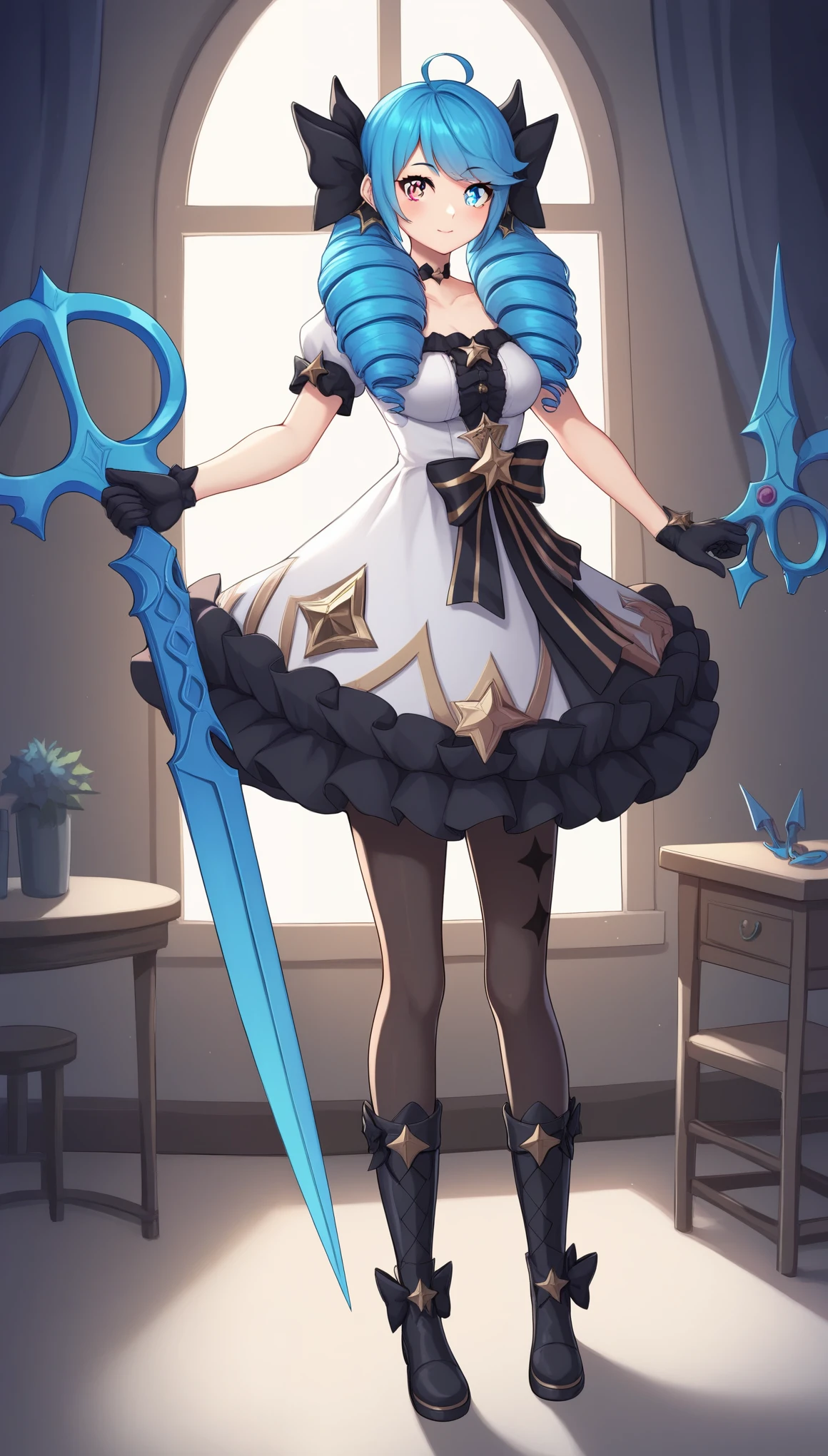 GwenLoLXL, blue eye, heterochromia, star-shaped pupil, blue hair, drill hair, hair bow, black bow, trwin drills, twintails, long hair, bangs, ahoge, medium breasts, puffy short sleeves, white dress, black gloves, pantyhose, black boots, scissors, holding scissors, oversized object, solo, standing, looking at viewer, indoors