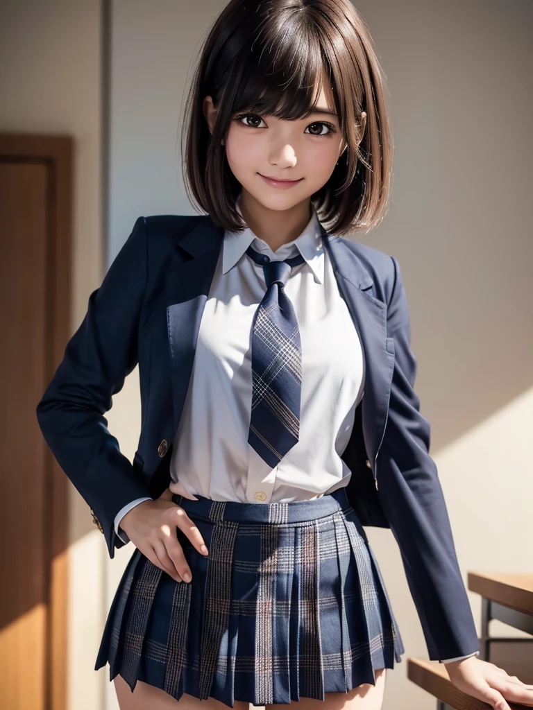 (8k, RAW Photos, highest quality), Stand in the classroom of school, (((((((One woman))))))), ((Brown Hair)), ((Short Bob Hair)), ((Detailed eyes)), ((smile)), ((White blouse)), ((tie)), (((Dark blue closed blazer))), (((A blue plaid pleated miniskirt that wraps around the hips))), Asymmetrical bangs, 少しのsmile, Thighs, knees, Random pose，pretty girl，Slender girl