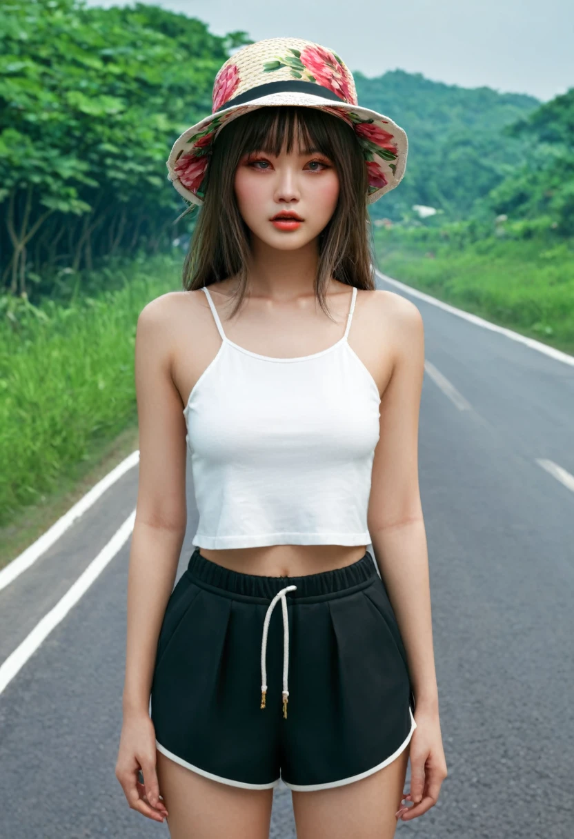 ((best quality, 8ก, Masterpiece: 1.3)), (flower hat: 1.3), Point of interest: 1.2, perfect body beauty: 1.4, bottom: 1.2, (Layered haircut: 1.2)), (dark road: 1.3), Highly detailed facial and skin textures, full body, delicate eyes, Double eyelids, Whiter skin, long hair, (round face: 1.5), (Loose crop top, shorts: 1.6)