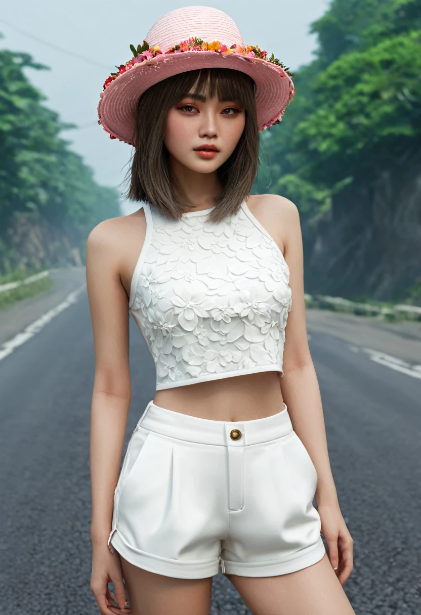 ((best quality, 8ก, Masterpiece: 1.3)), (flower hat: 1.3), Point of interest: 1.2, perfect body beauty: 1.4, bottom: 1.2, (Layered haircut: 1.2)), (dark road: 1.3), Highly detailed facial and skin textures, full body, delicate eyes, Double eyelids, Whiter skin, long hair, (round face: 1.5), (Loose crop top, shorts: 1.6)