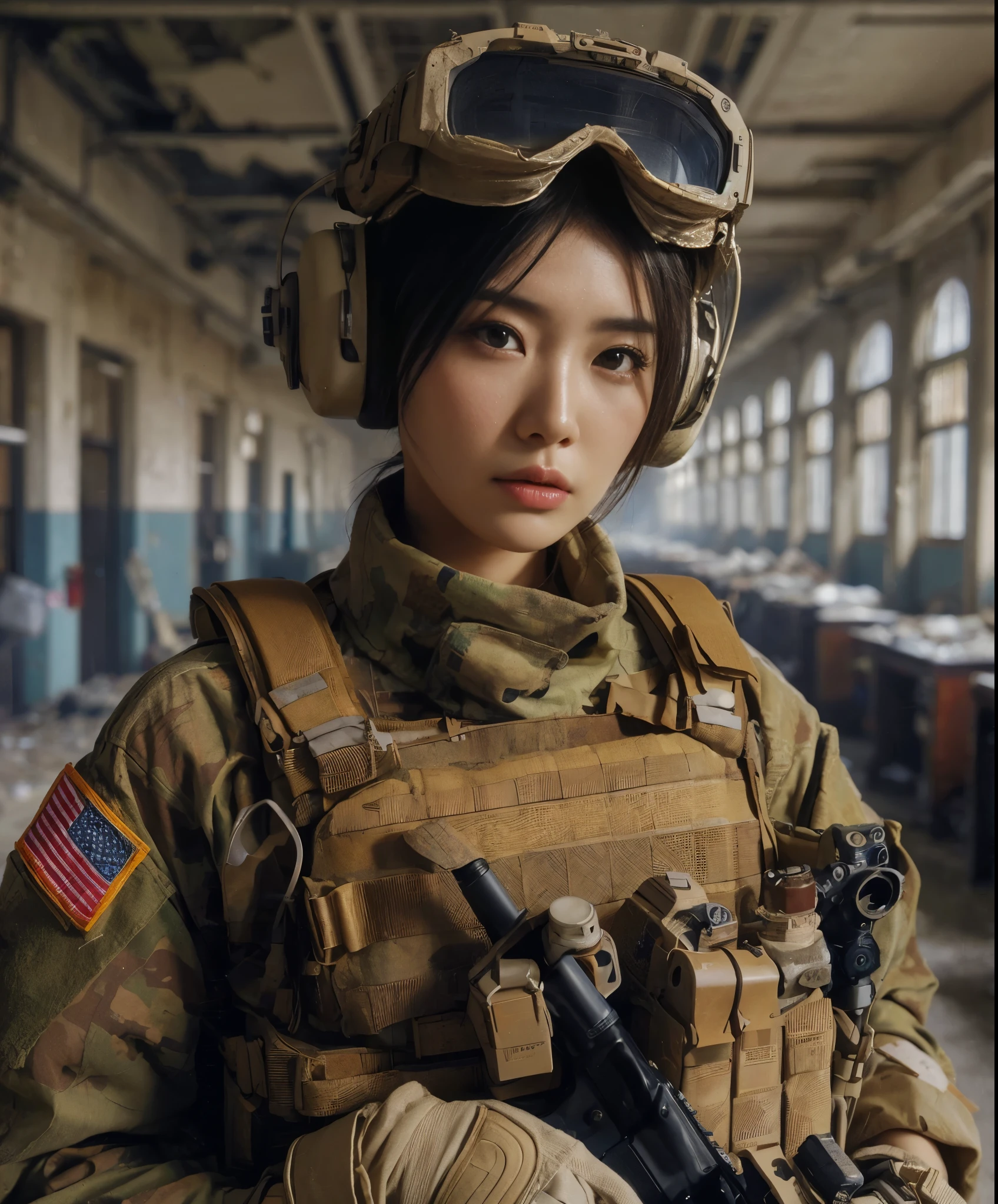 ８ｋ,Realistic Skin Texture、Superrealism、Realistic Photo、Japanese Women in the U.S. Army、Bulletproof vest、Automatic rifle、backpack、cap、Heavy equipment、A patient room in an old abandoned hospital in the United States、Scattered medical equipment、The futon has been removed and only the broken bed remains.、Broken window、Torn curtains、There&#39;s a hole in the wall from the explosion、Dirty floor、Pursue the enemy while keeping an eye on your surroundings、Dynamic action pose